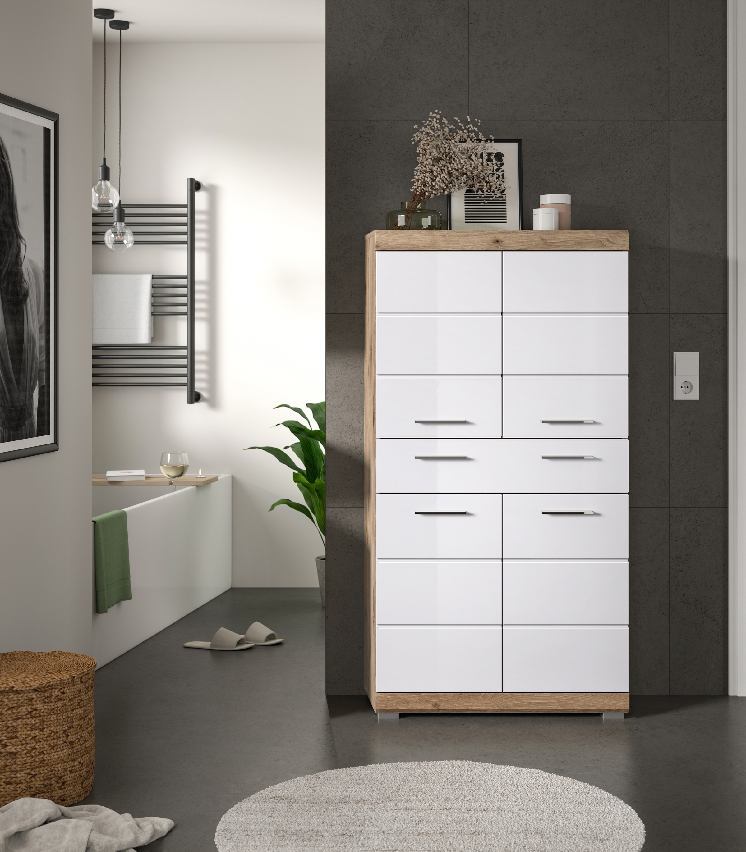 welltime Midischrank "SIENA, Breite 74cm, 4 Türen, 1 Schubkasten, 4 Fächer, günstig online kaufen