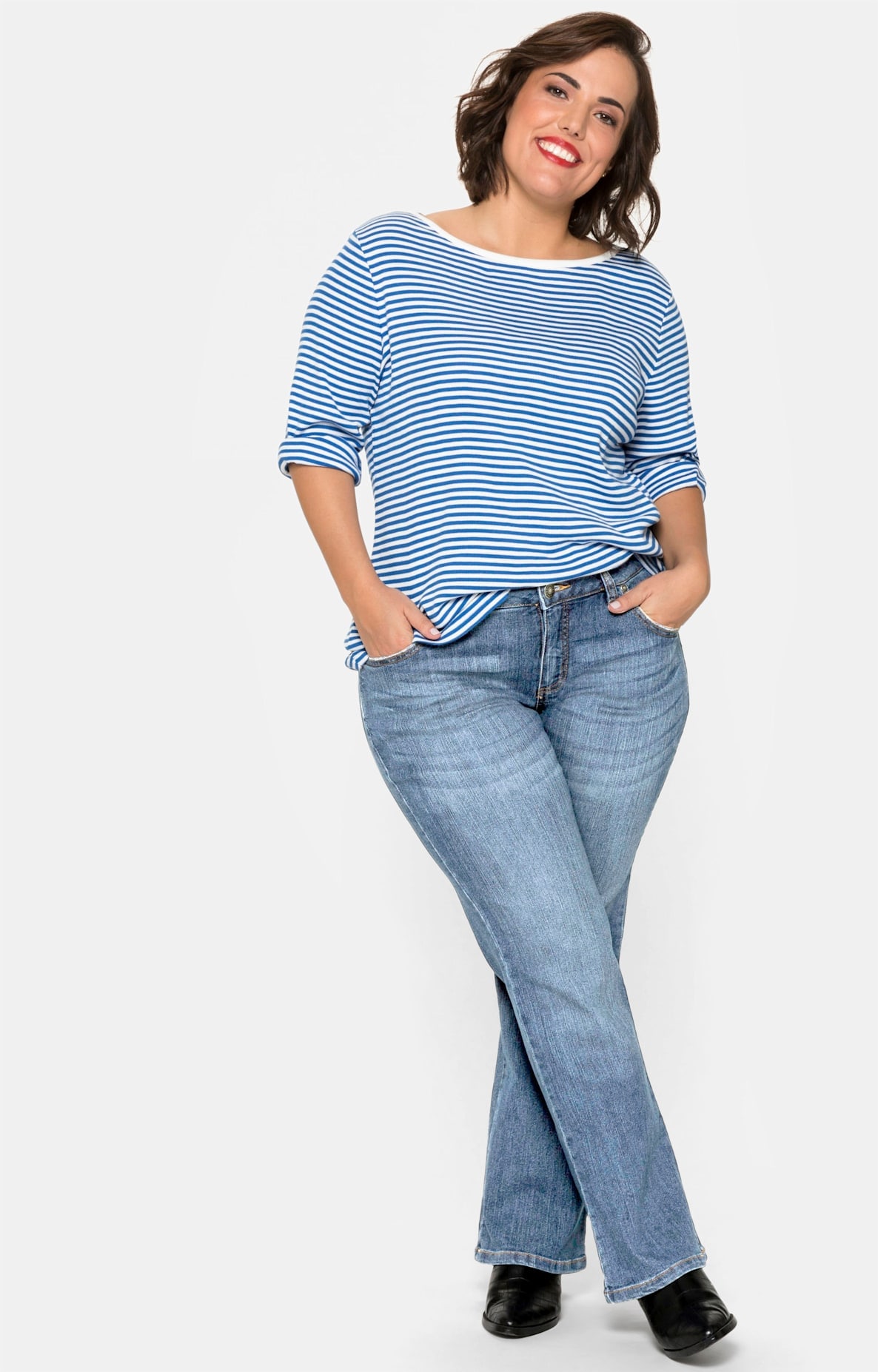 Bootcut-Jeans SHEEGO, Damen, Gr. 48, Normalgrößen, blau (blau denim), 75% Baumwolle, 24% Polyester, 1% Elasthan, unifarben, lang, Jeans