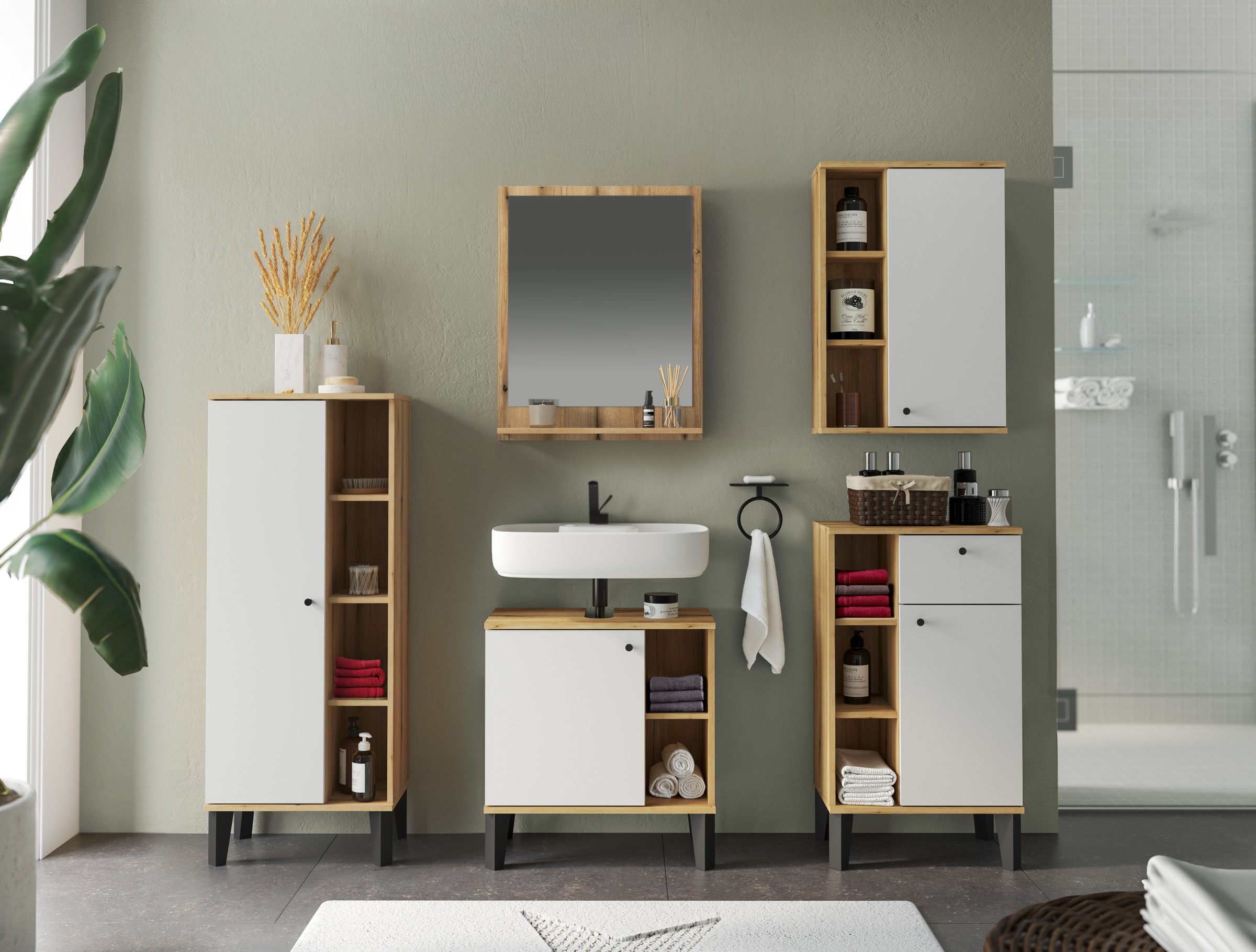 INOSIGN Badmöbel-Set »OSLO, Bad im skandinavischen Design, 5-teiliges Badezimmer«, (Set, 5 St.), Badschränke und Spiegel, in zwei Farben verfügbar, viel Stauraum