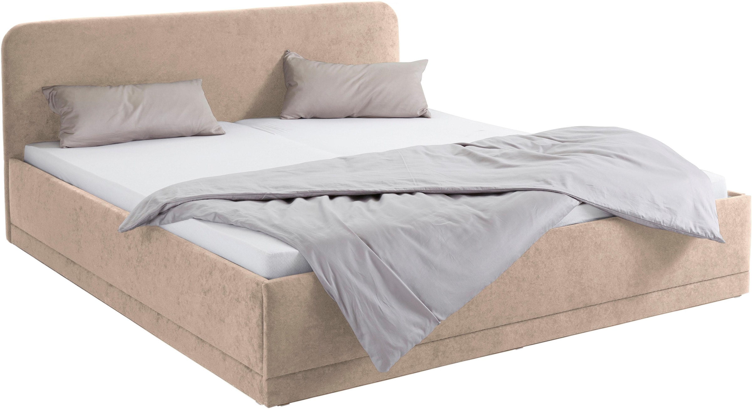 Polsterbett, beige (dunkelbeige), B:190cm L:210cm, Bezug Bett: wahlweise Microfaser (100% Polyester), Strukturstoff (77% Polyester, 23% Viskose) oder Kunstleder;Bonnell-Federkernmatratze: Mischgewebe (51% Polyprophlen, 39% Polyester, 10% Baumwolle);Kaltsc 4