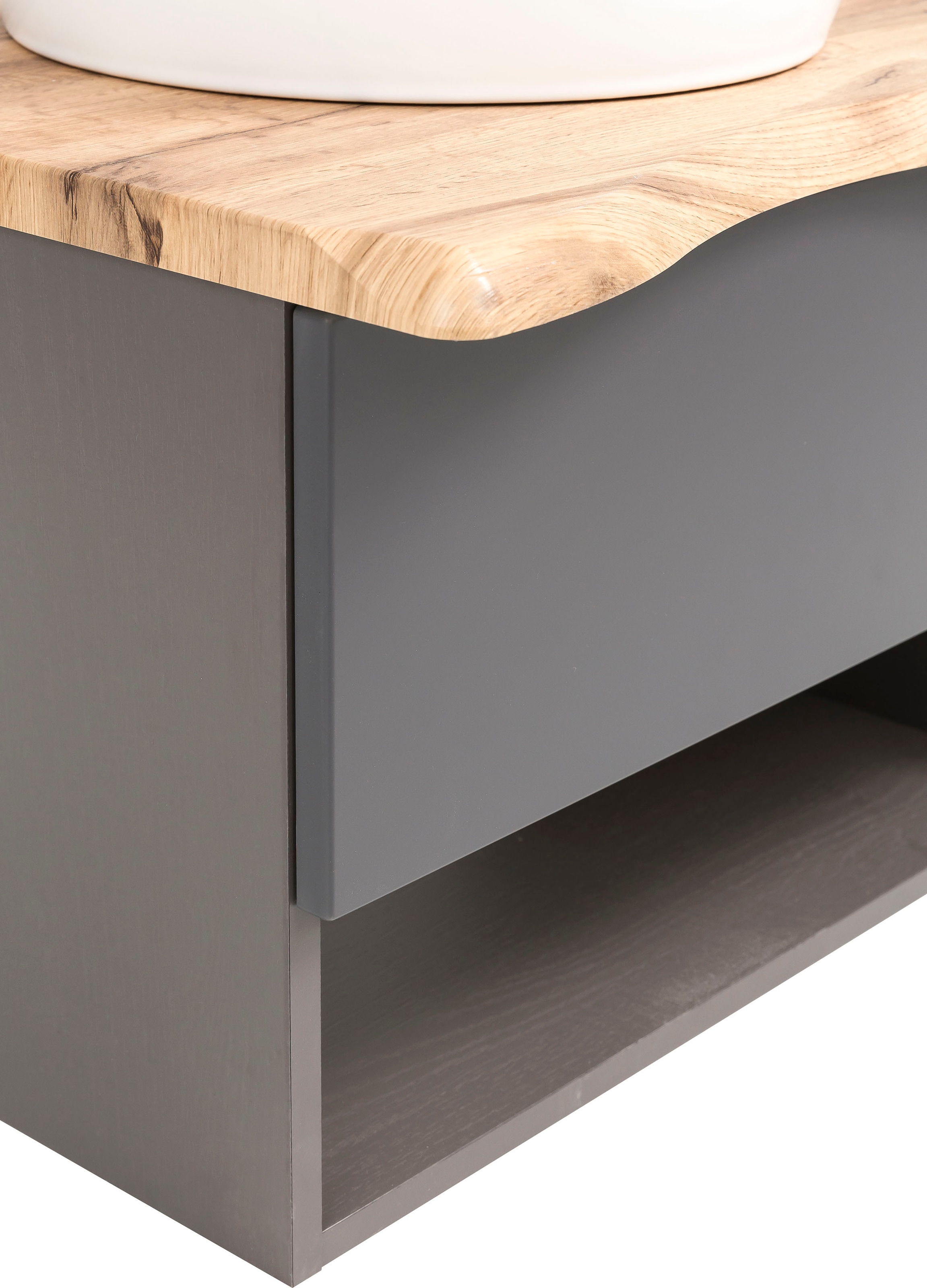 welltime Badmöbel-Set »Stubach«, (2 St., Spiegelschrank und Waschtisch), Abdeckplatte mit Baumkante