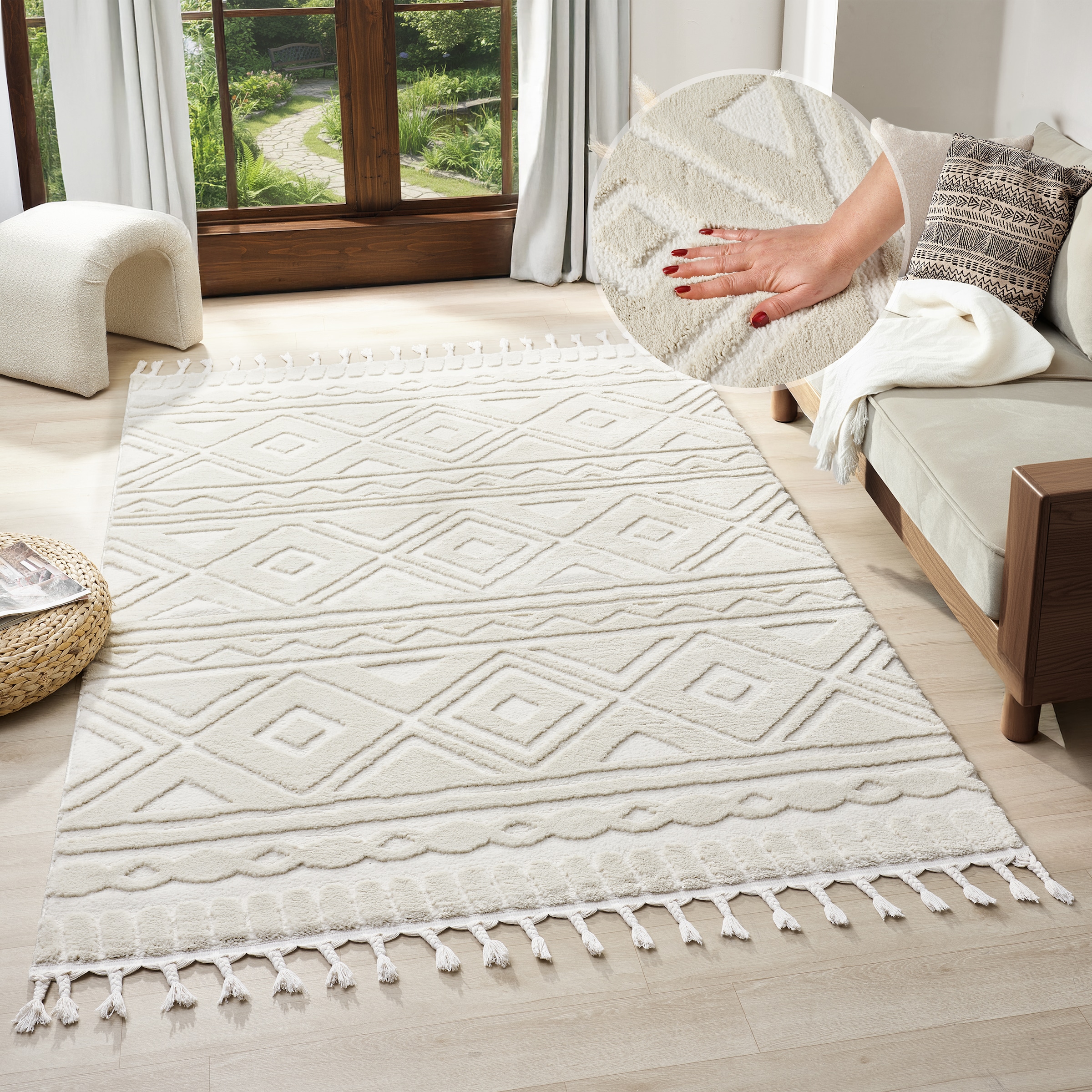 Teppich OTTO HOME "Bonvo" Gr. 2, beige (creme), B:80cm H:19mm L:150cm, Kunstfaser, Teppiche, Teppich, mit Fransen, Hoch-Tief-Struktur, Wohnzimmer, Schlafzimmer, Boho-Style