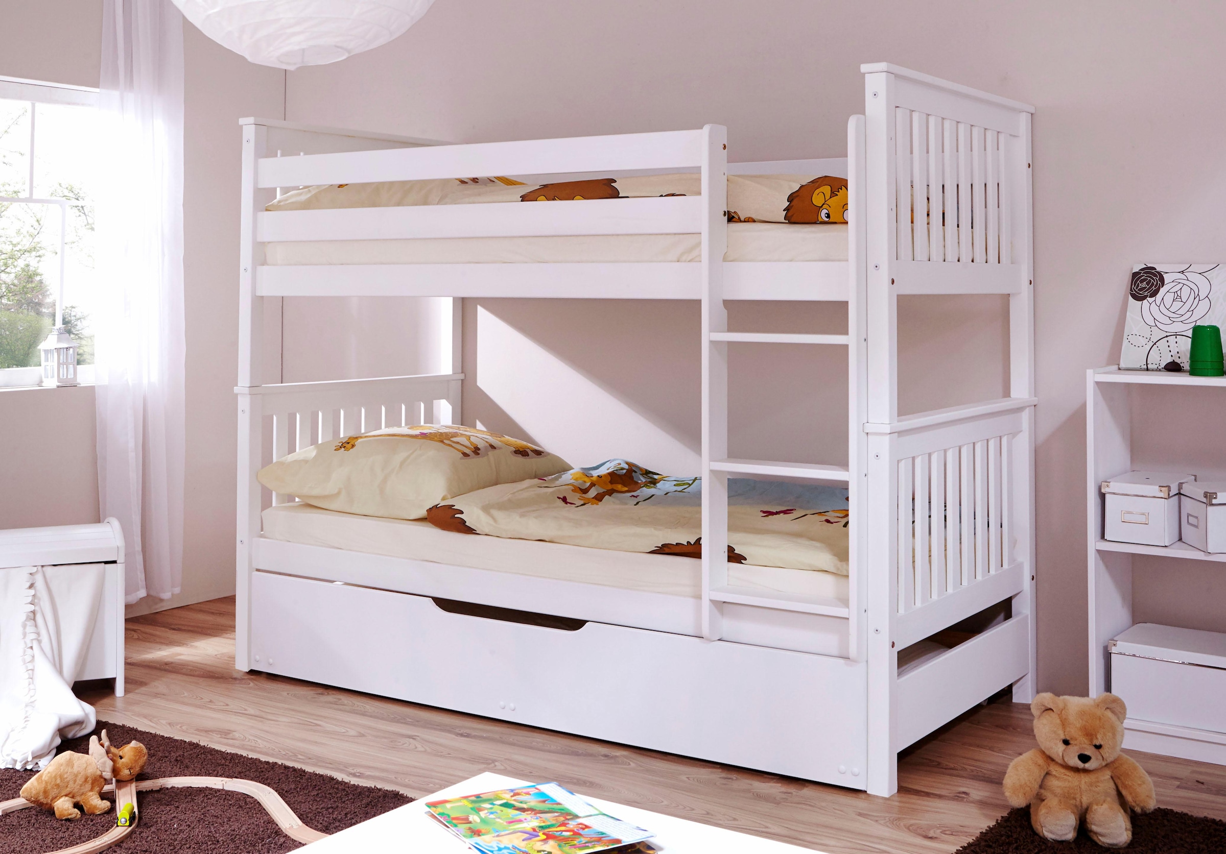 TiCAA Etagenbett Finn Weiß - Massivholz Kiefer Mit 5 Schubkästen 209x151x96cm