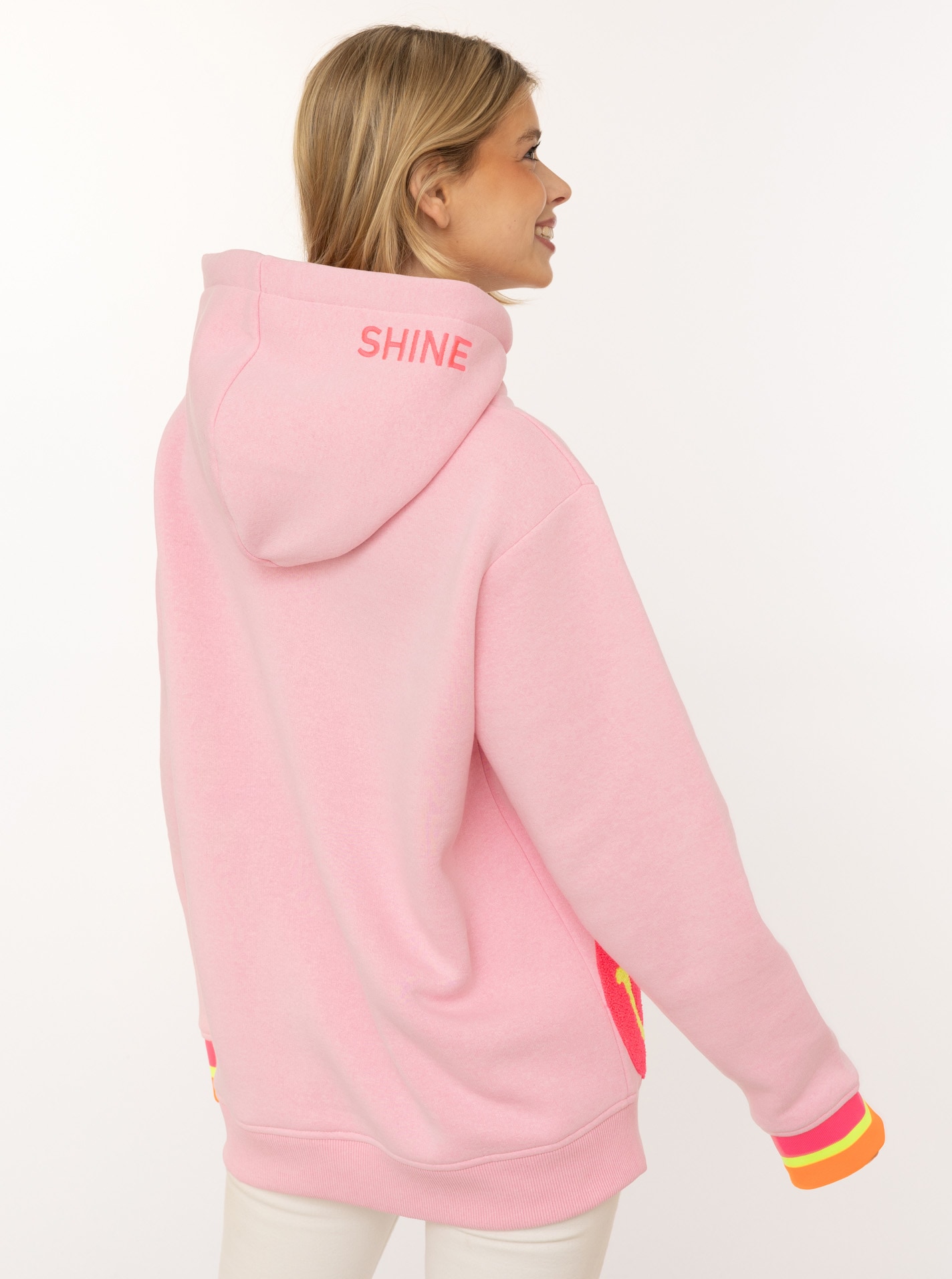 Zwillingsherz Hoodie »"Always Happy"«, Smiley aus Frottee, Neon-Details, Kapuze, Langarm

