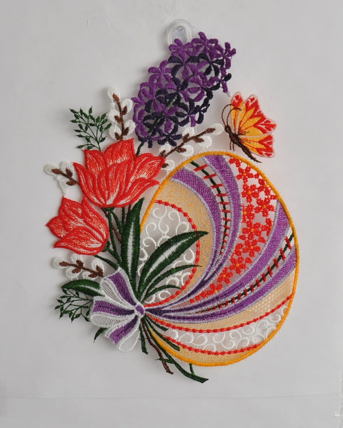 Stickereien Plauen Fensterdekoration "Fensterbild Osterei mit Tulpen" Plauener Spitze