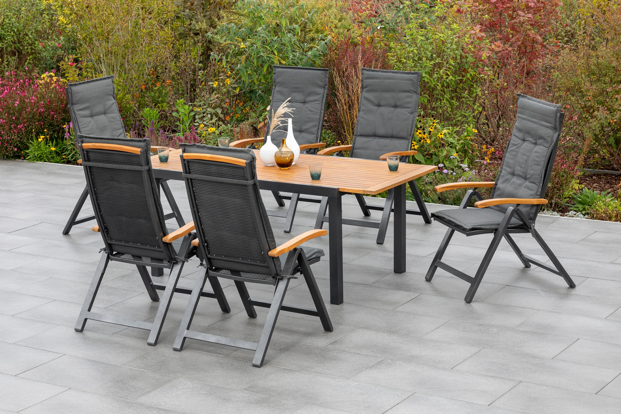 MERXX Garten-Essgruppe »Tilos« 7 Stk. tlg. 6 Klappsessel mit ausziehbarem Tisch