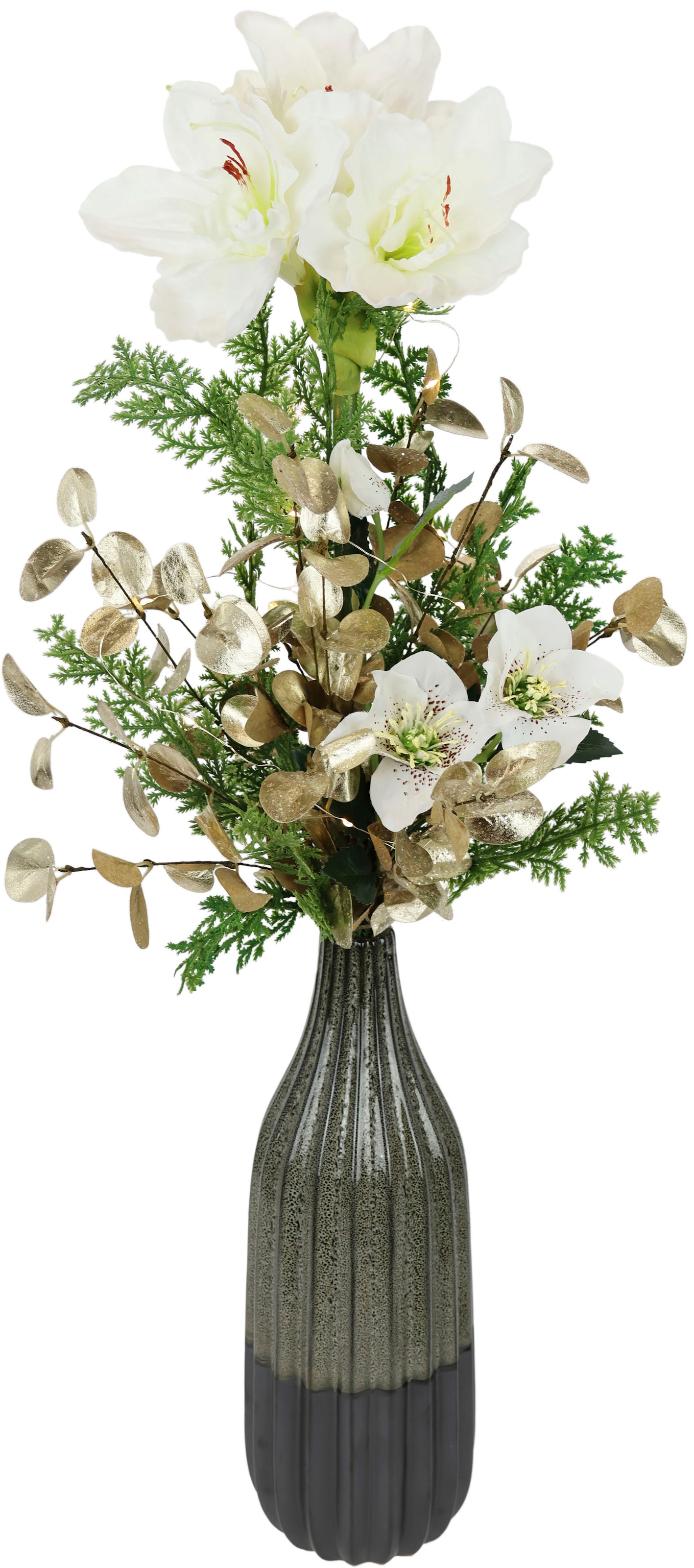 I.GE.A. Winterliche Kunstpflanze »mit Amaryllis in Vase aus Keramik, Blumen-Arrangement, LED-Beleuchtung«, Weihnachtsdeko, Gesteck aus Blüten, Eukalyptus, Koniferen und Zweigen