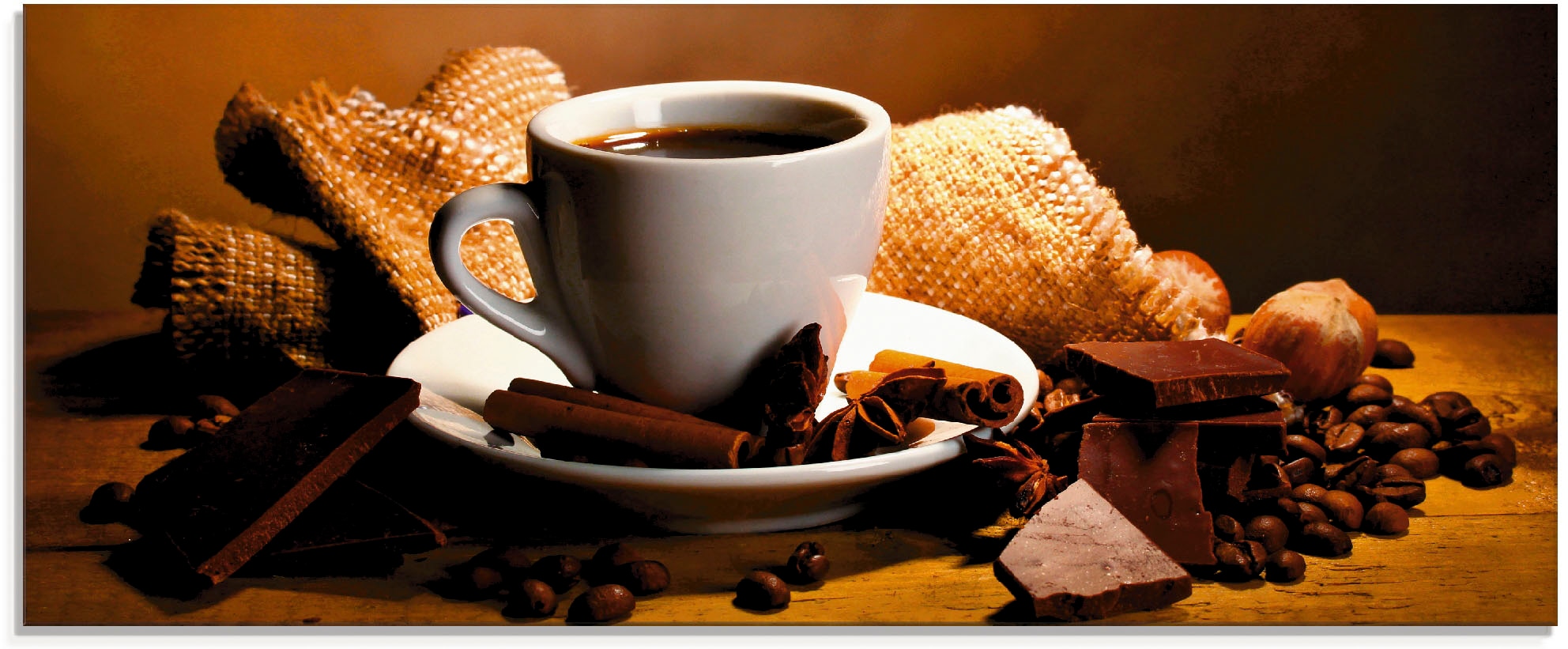 Artland Glasbild "Kaffeetasse Zimtstange Nüsse Schokolade", Getränke, (1 St.), in verschiedenen Größen