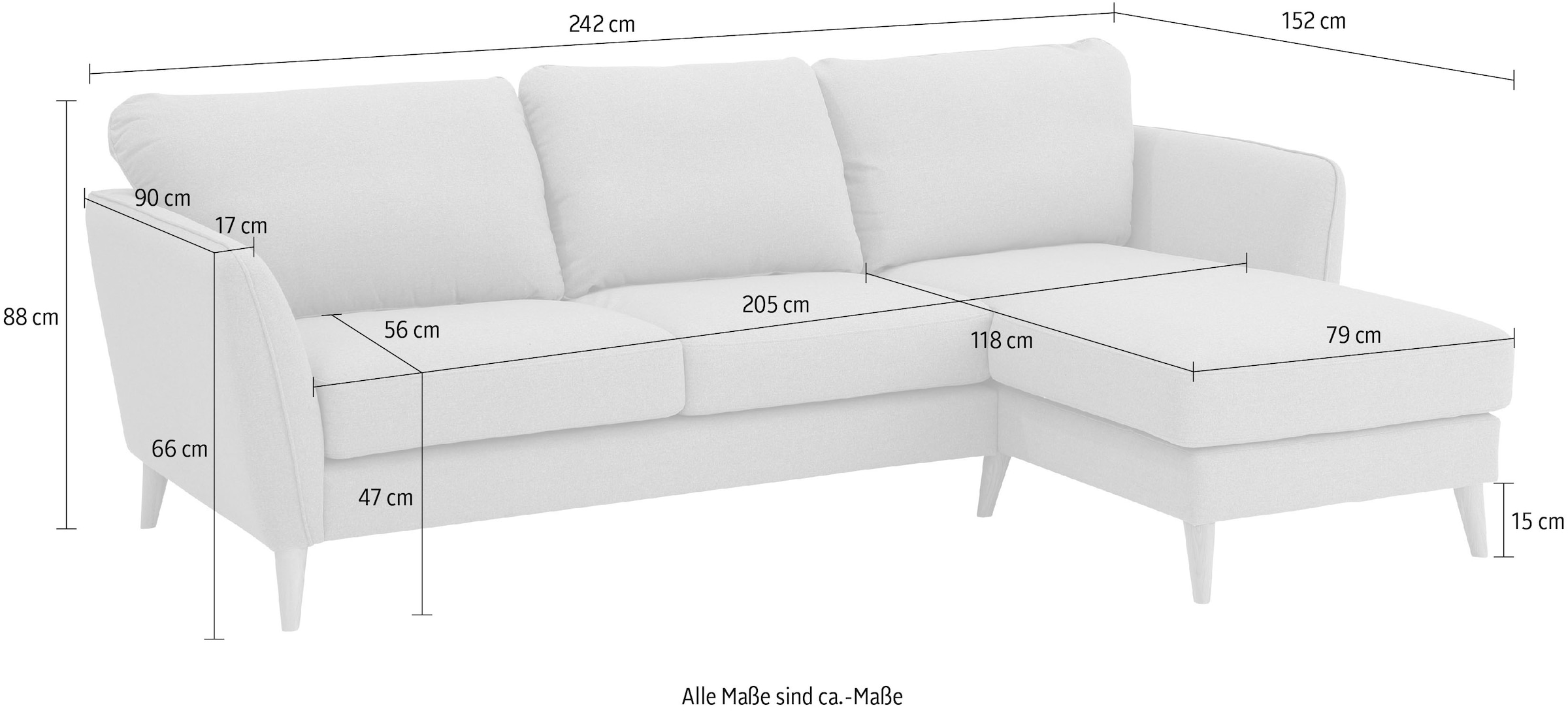 Home affaire Ecksofa »MARSEILLE (242/152cm),L-Form, Rec. rechts/links«, Massivholzbeine aus Eiche, in verschieden Bezügen und Farbvarianten
