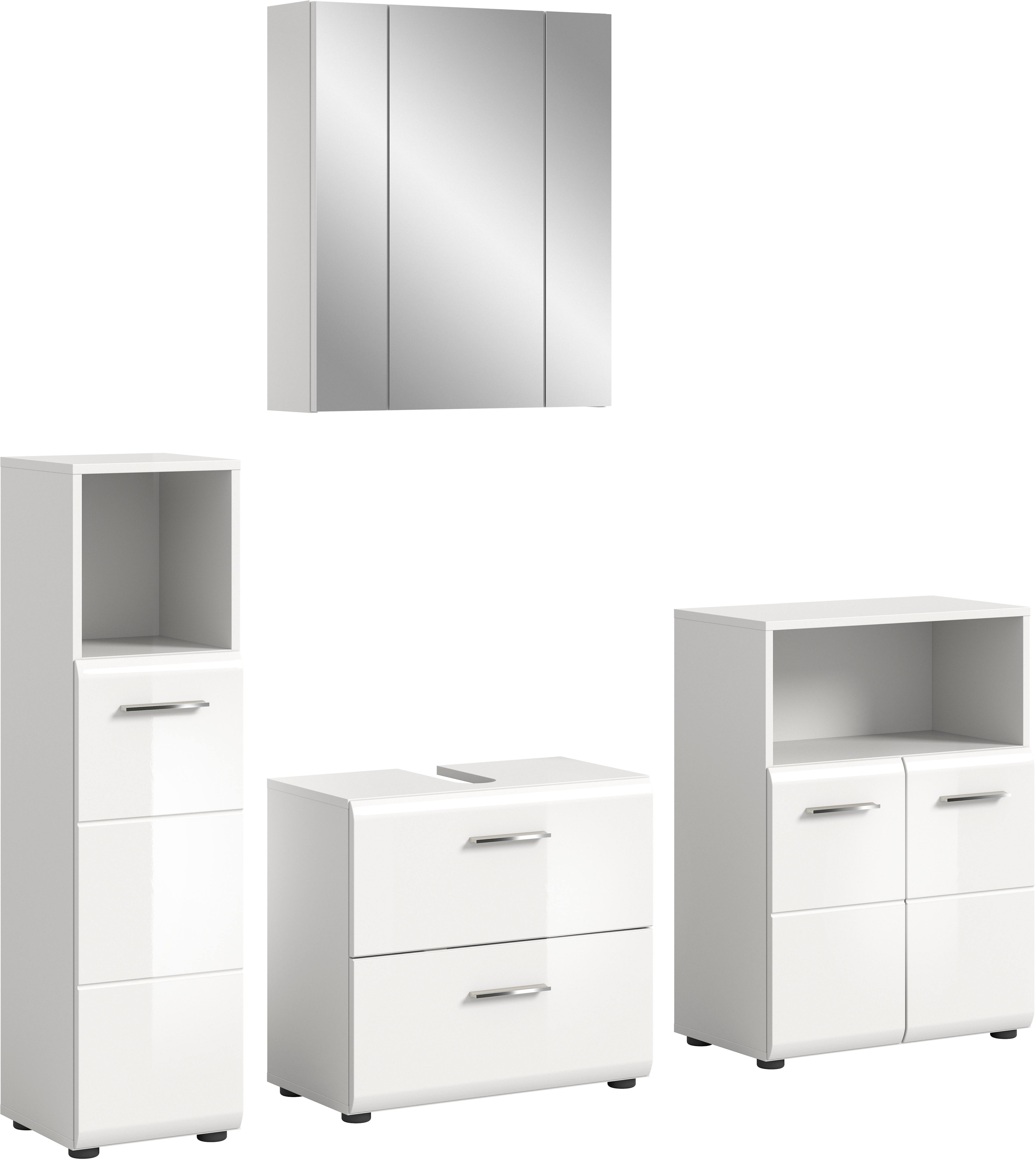 welltime Badmöbel-Set "FLORENZ, 4-teilige Badkombination, hochwertige MDF-Front" Set, Midischrank hoch, WBU, Spiegelschrank, Midischrank breit
