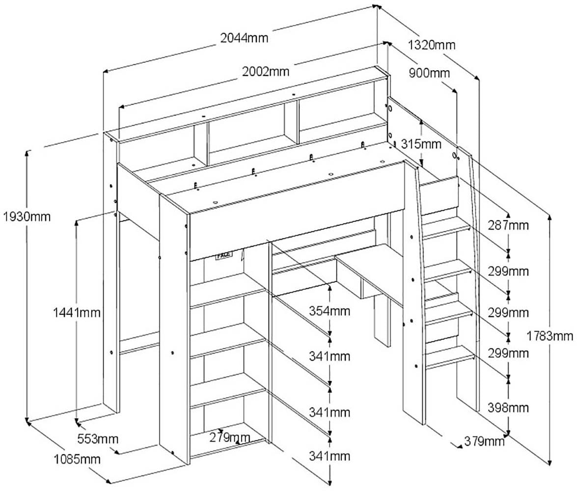 Parisot Hochbett »Shelter 11«, (1 St.), integrierter Schreibtisch, Leiter, Regal, Kleiderstange, Ablagen