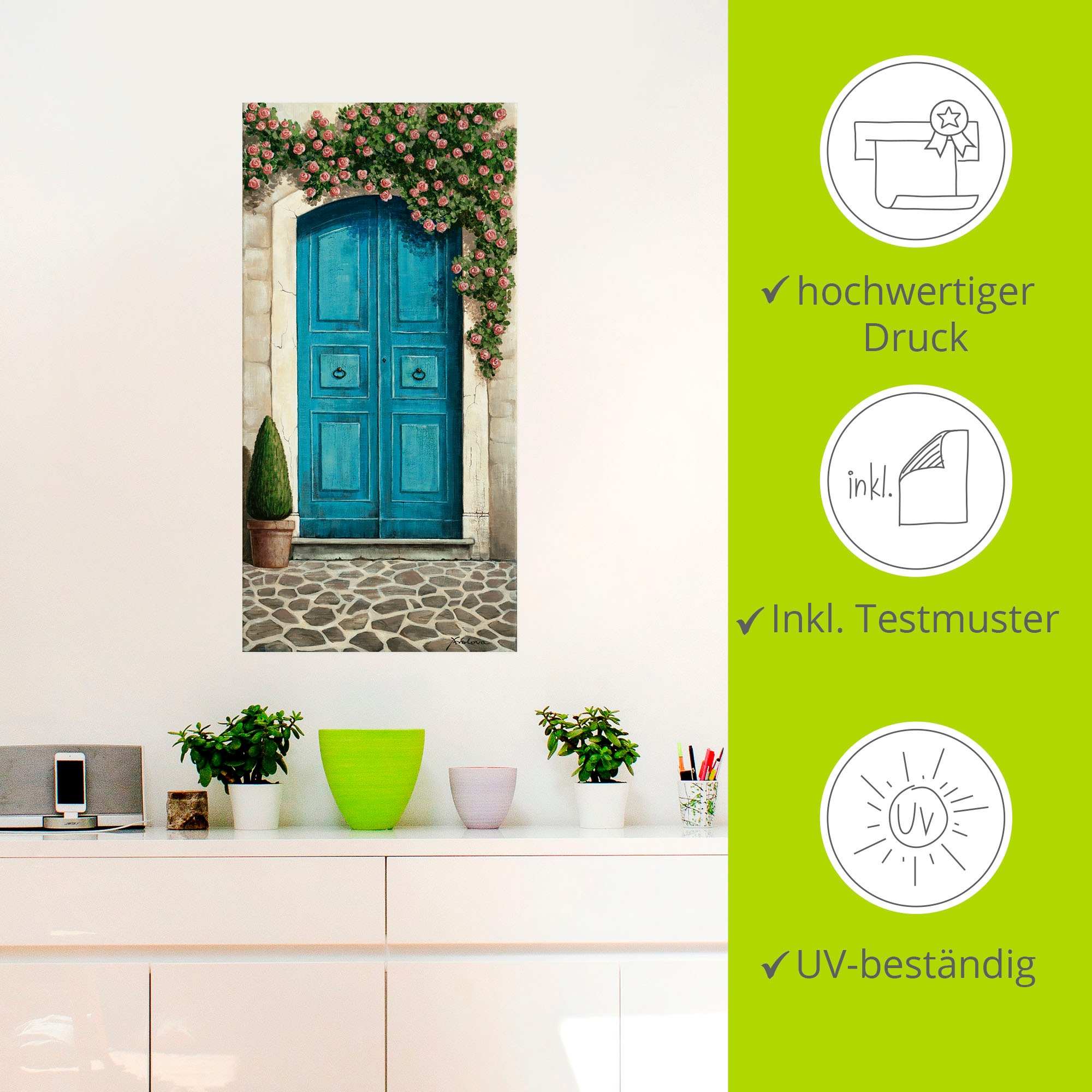 Artland Wandbild »Blaue Tür mit Kletterrosen«, Fenster & Türen, (1 St.), als Alubild, Outdoorbild, Leinwandbild, Poster, Wandaufkleber