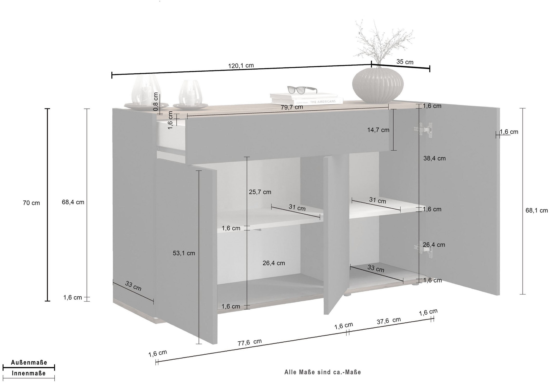 INOSIGN Sideboard »Garda, Kommode, Schrank, Kredenz«, 3 Türen, 1 Schublade, grifflos Breite 120,1 cm