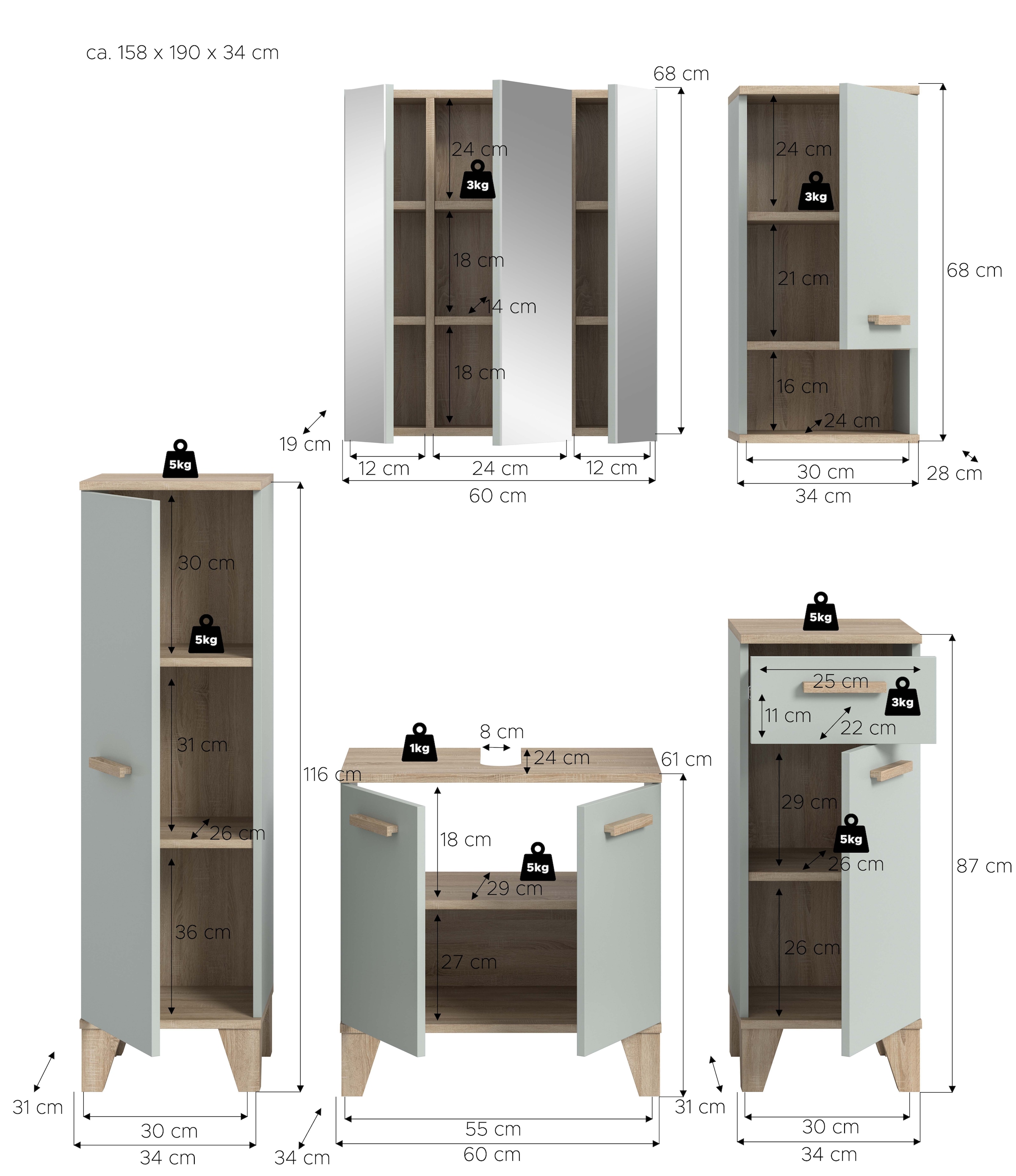 welltime Badmöbel-Set »MINTTU, 5-teilige moderne Badkombination im SCANDI-Look« bestehend aus: 2x Midischrank, WBU, Spiegelschrank, Hängeschrank, 5 Stk. tlg.