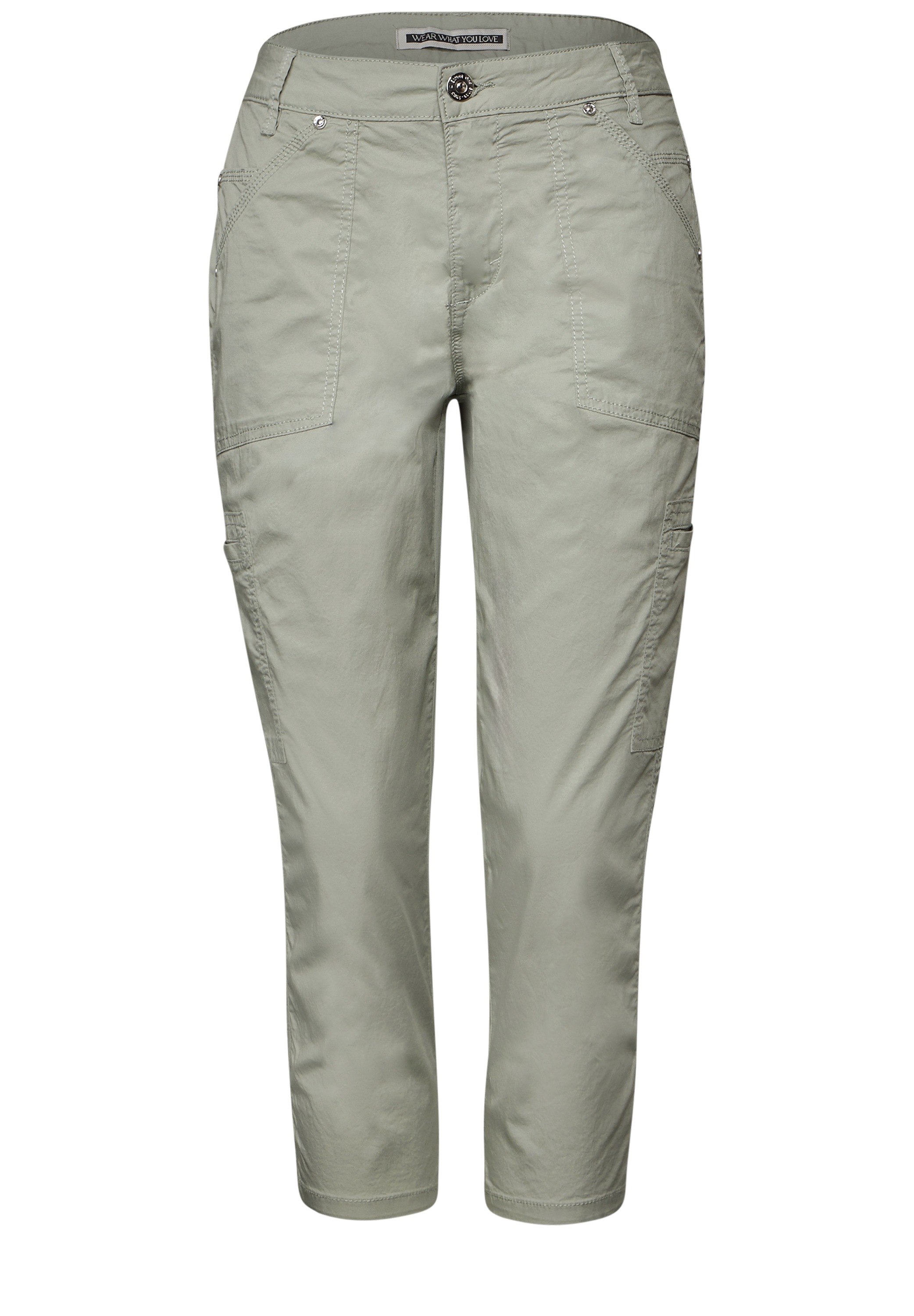 3/4-Hose STREET ONE "Style Yulius", Damen, Gr. 46, N-Gr, grün (pastel grün), Web, Obermaterial: 98% Baumwolle, 2% Elasthan, unifarben, slim fit kniebedeckend, Hosen, im Cargo-Style 6