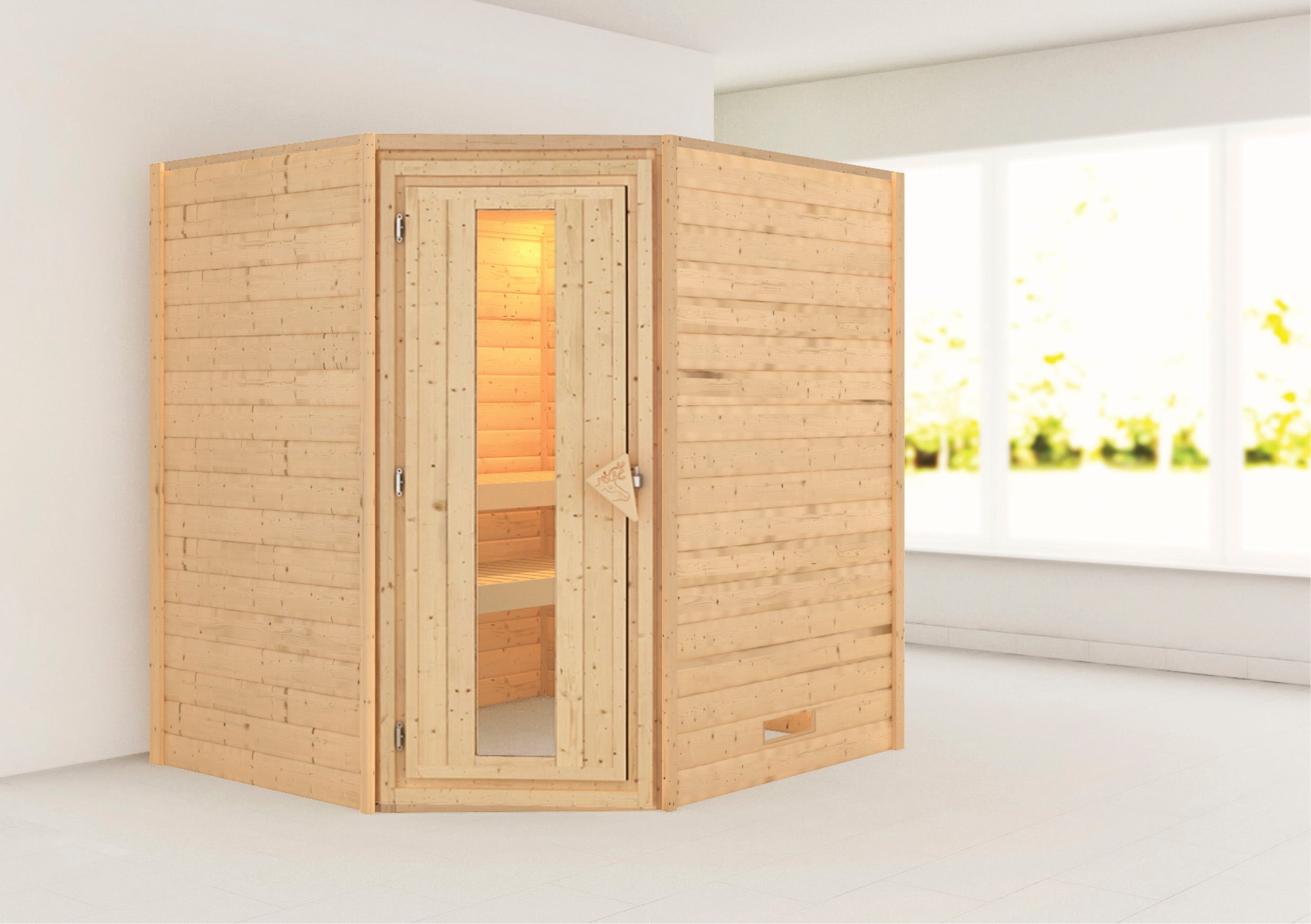 Karibu Sauna »Mia (Fronteinstieg)«, inklusive Ofenschutzgitter und Tür