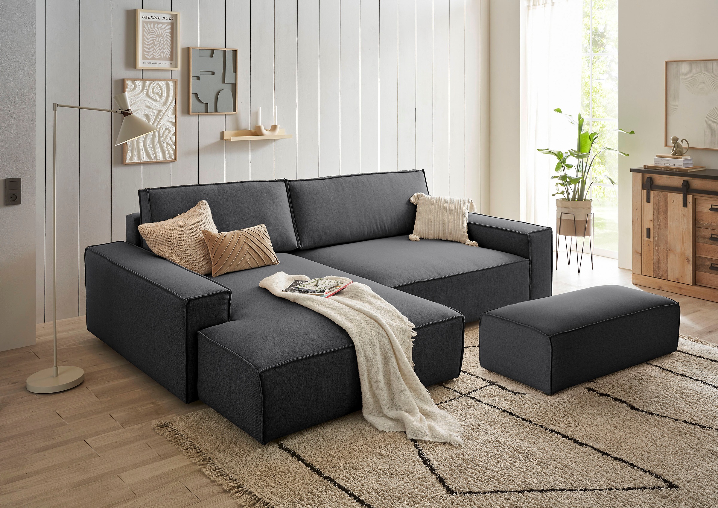 Home affaire Polsterecke »NEU: SHERWOOD XXL tief, L-Form mit Schlaffunktion, Big-Sofa mit Hocker«, (Set, 2 St.), stellbar zum Schlafsofa (Krokodilverbinder), Cord, Leinenoptik