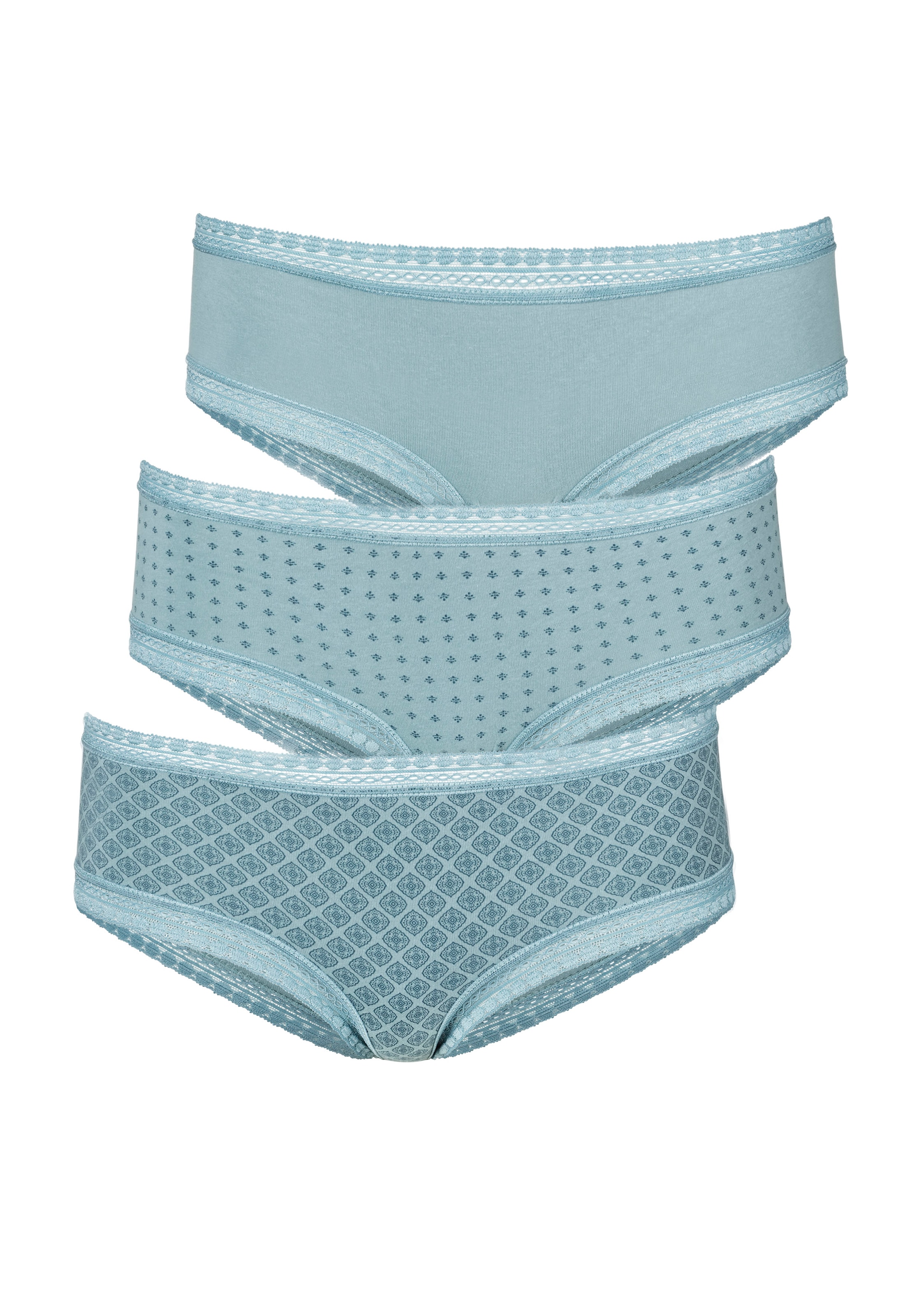 LASCANA Panty, (Packung, 3 St.), aus elastischer Baumwolle mit weicher Spitze