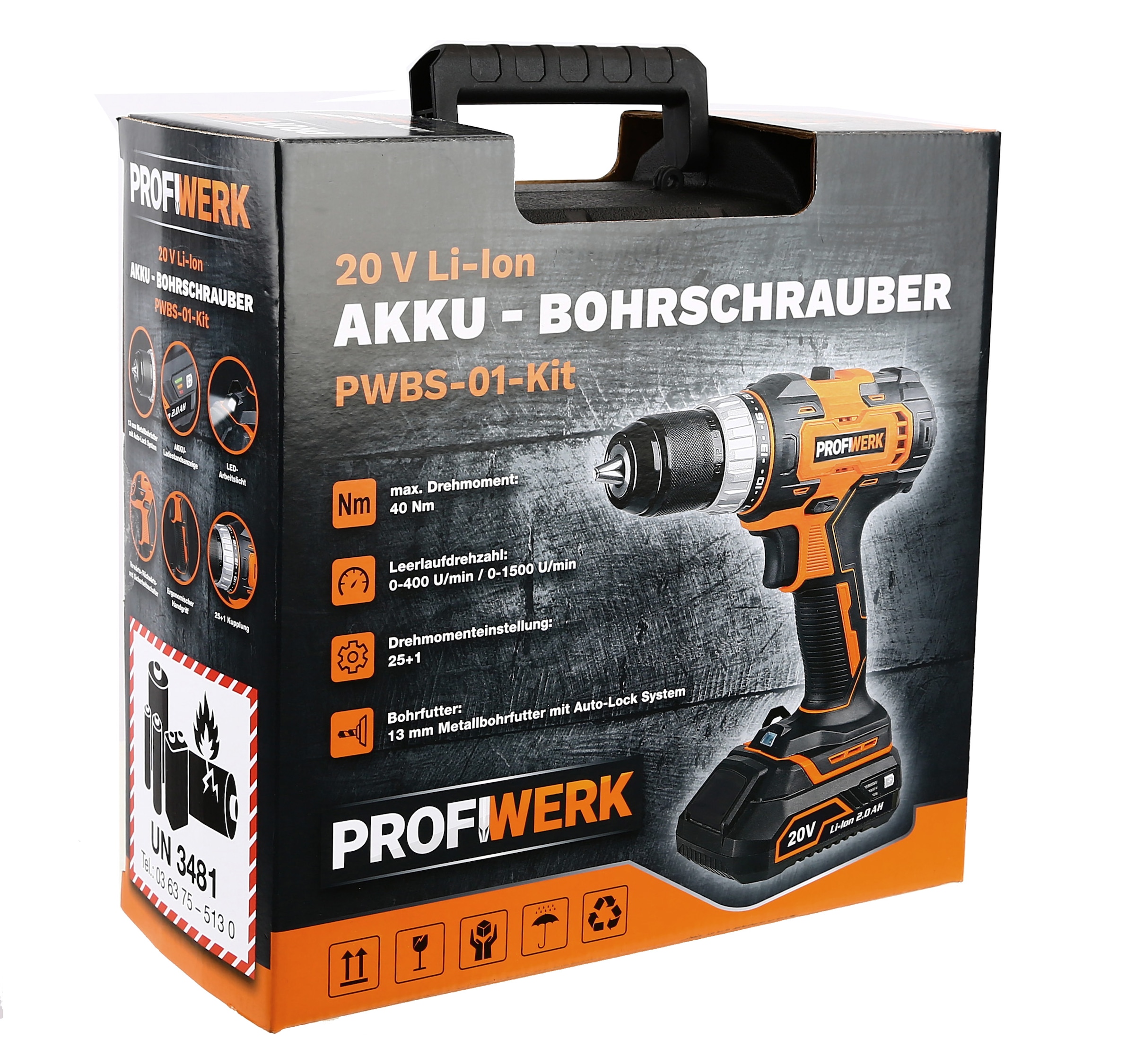 Profiwerk Akku-Bohrschrauber »PWBS-01-Kit | Bit-& Akku, (2,0Ah Bohrerset) Transportkoffer, online Netzteil, 20V«, bestellen BAUR