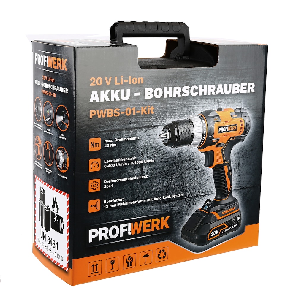 Profiwerk Akku-Bohrschrauber »PWBS-01-Kit 20V«, (2,0Ah Akku, Netzteil, Transportkoffer, Bit-& Bohrerset)