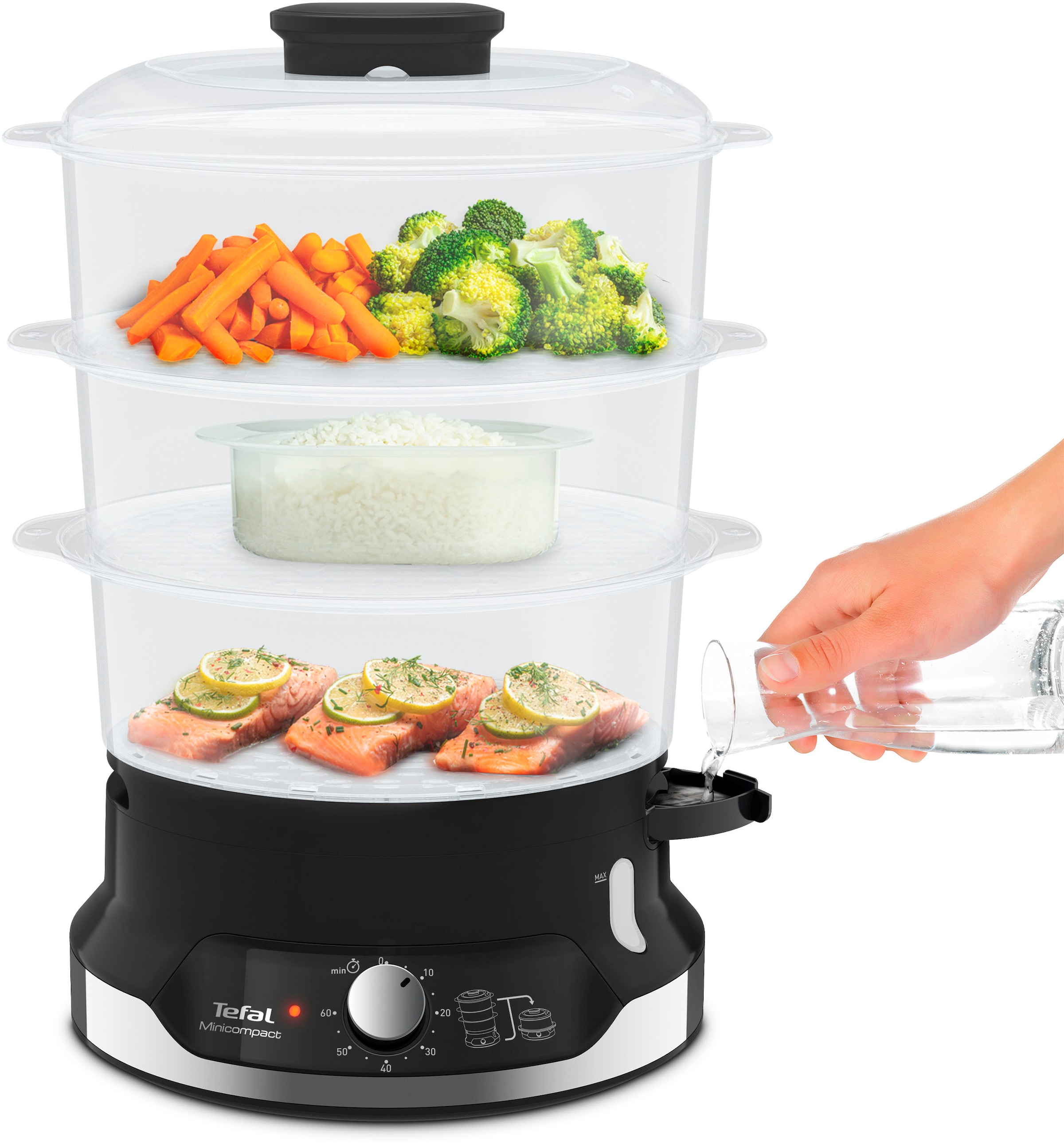 TEFAL Dampfgarer "Ultracompact", B:28cm H:27cm T:31cm, schwarz, Dampfgarer, 3 Aufsätze, 60-Minuten-Timer, 9-L-Kapazität, Reis-Einsatz, VC2048