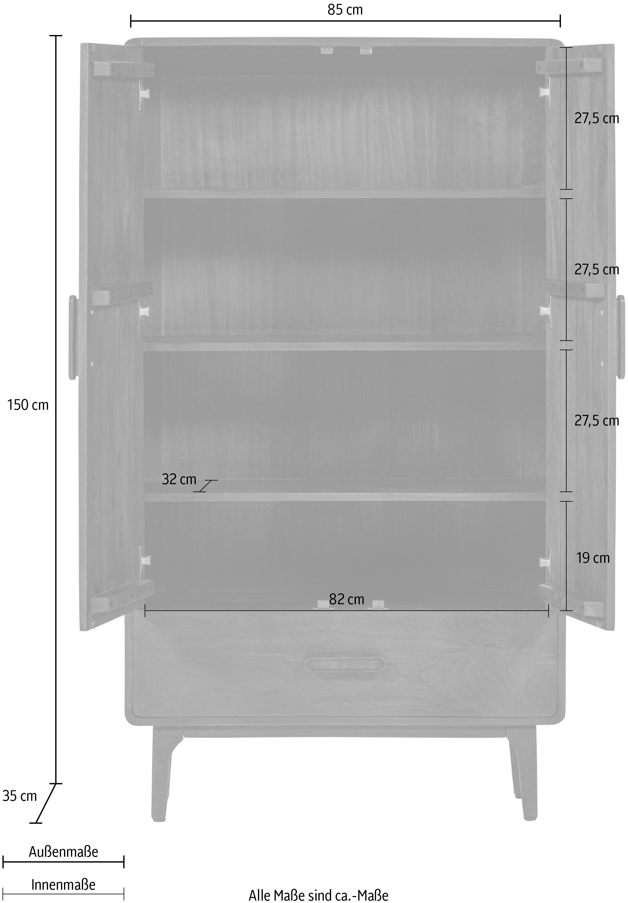 WOOOD Highboard »Liya mit Massivmangoholz und Dämpfung Funktion B 85 x T 35 x H 150 cm« Natürliche Maserung, Tragkraft 20 kg, einfach zu montieren
