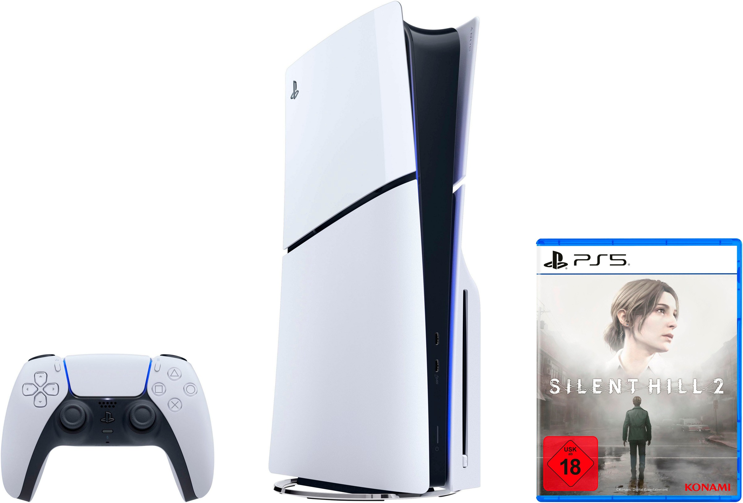 PLAYSTATION 5 Konsolen-Set "PS5 Disk Edition (Slim) + Silent Hill 2", B:35,8cm H:9,6cm T:21,6cm, schwarz-weiß, Spielekonsolen