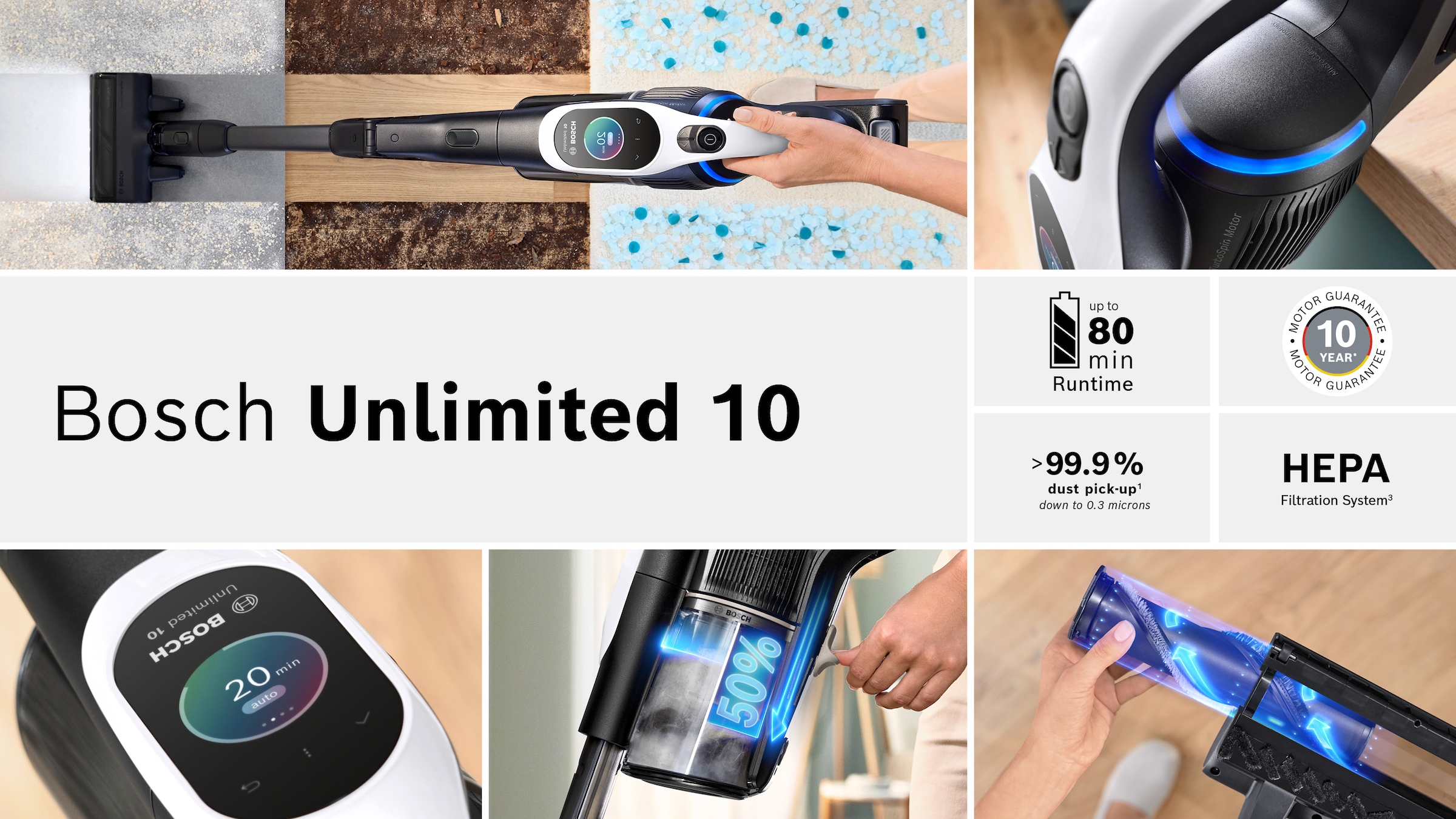 BOSCH Akku-Stielstaubsauger »Unlimited 10 BTS1042WAC, MicroClean™ Technology, 10 J. Motorgarantie«, Display, Knickrohr, HEPA-Filtersystem, Schnellladegerät, 2 Akkus, weiß