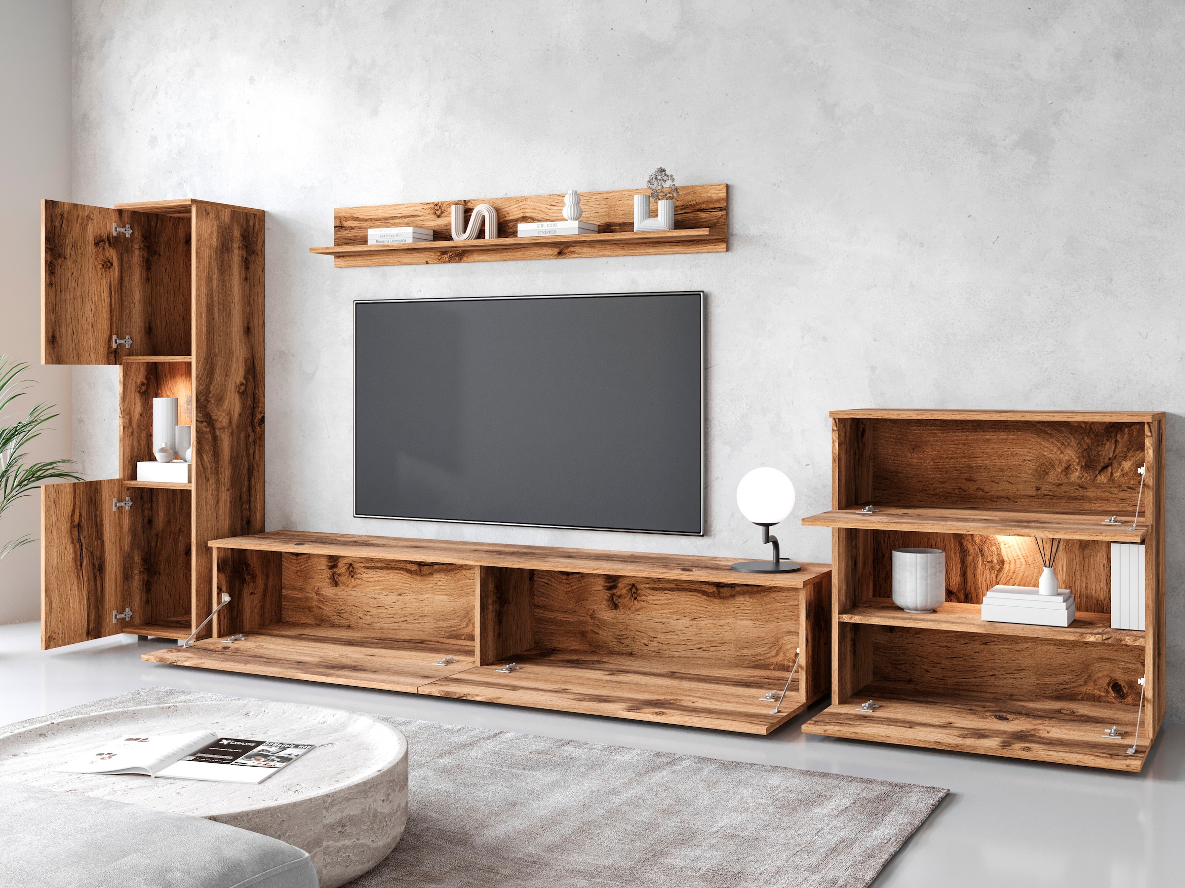 INOSIGN Wohnwand »PARIS«, (Komplett-Set, 4 St.), TV-Wand 300cm breite, grifflose Design, stehend und hängend montierbar