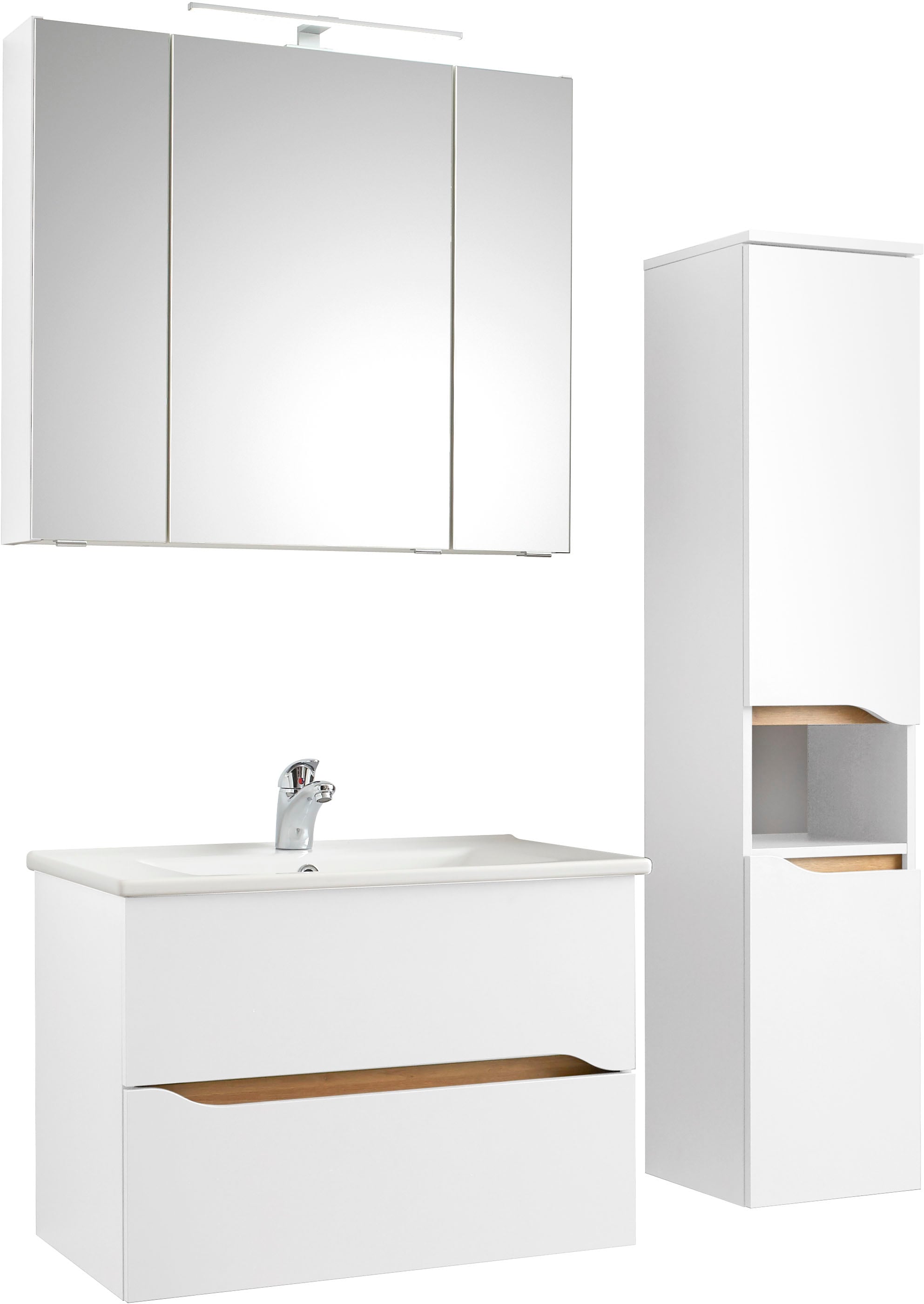 Saphir Badmöbel-Set »Quickset 3-teilig, Keramikwaschtisch mit LED-Spiegelschrank«, (4 St.), Midischrank, inkl. Türdämpfer, 2 Schubladen, 5 Türen, 8 Einlegeböden