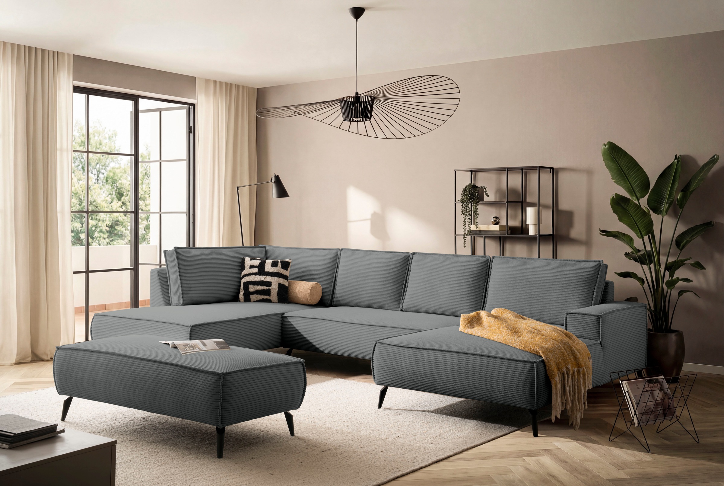 Home affaire Wohnlandschaft »Tvinnu, moderne U-Form, Couch in Cord oder Webstoff in Leinenoptik« Recamiere rechts/links, schwarze Metallfüße, bequeme Sitz-/Liegefläche