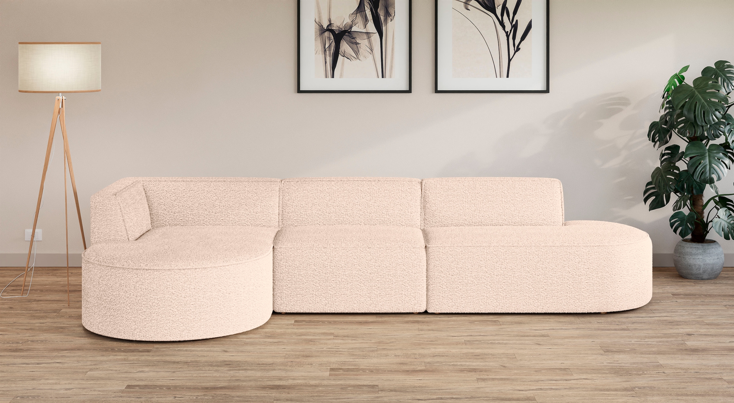 andas Ecksofa »EIVIND Designer Sofa mit Ottomane rechts/links, B/T/H: 343/159/72 cm«, L-Form mit Wellenunterfederung, auch in Feincord und Bouclé