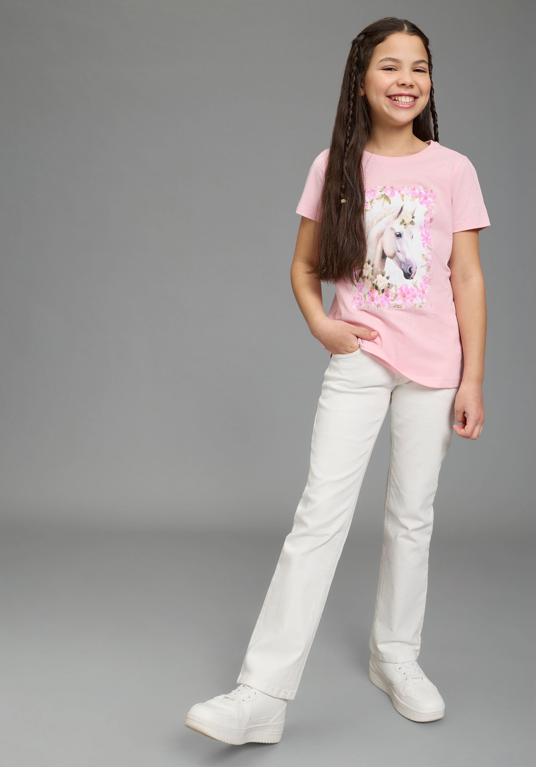 KIDSWORLD T-Shirt »Süßer Pferde-Fotodruck« für Mädchen, Kurzarm, mit Rundhalsausschnitt, mit coolem Druck