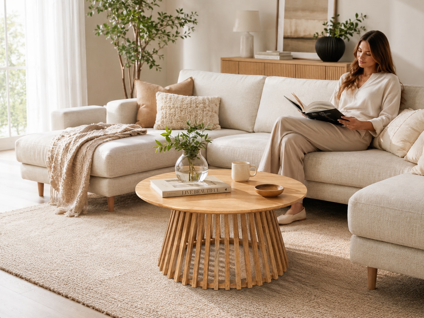 OTTO home Couchtisch »Lovran, Wohnzimmertisch, Sofatisch, Beistelltisch, Kaffeetisch« Runder Tisch (Ø60) aus Wildeiche Natur/Smoke mit Konus-Lamellenfuß
