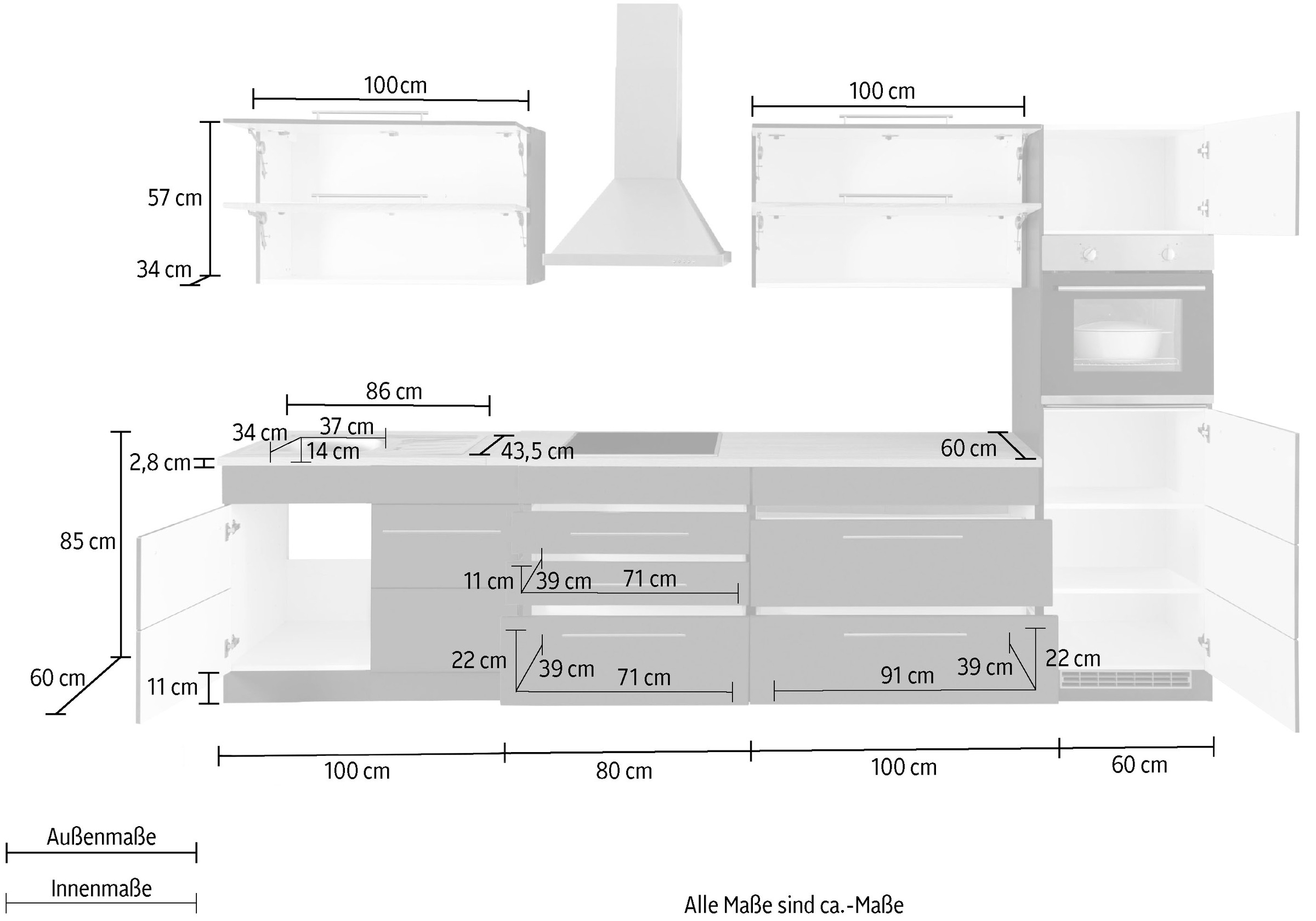 Kochstation Küchenzeile »KS-Wien«, Breite 340 cm, wahlweise mit E-Geräten und Induktion