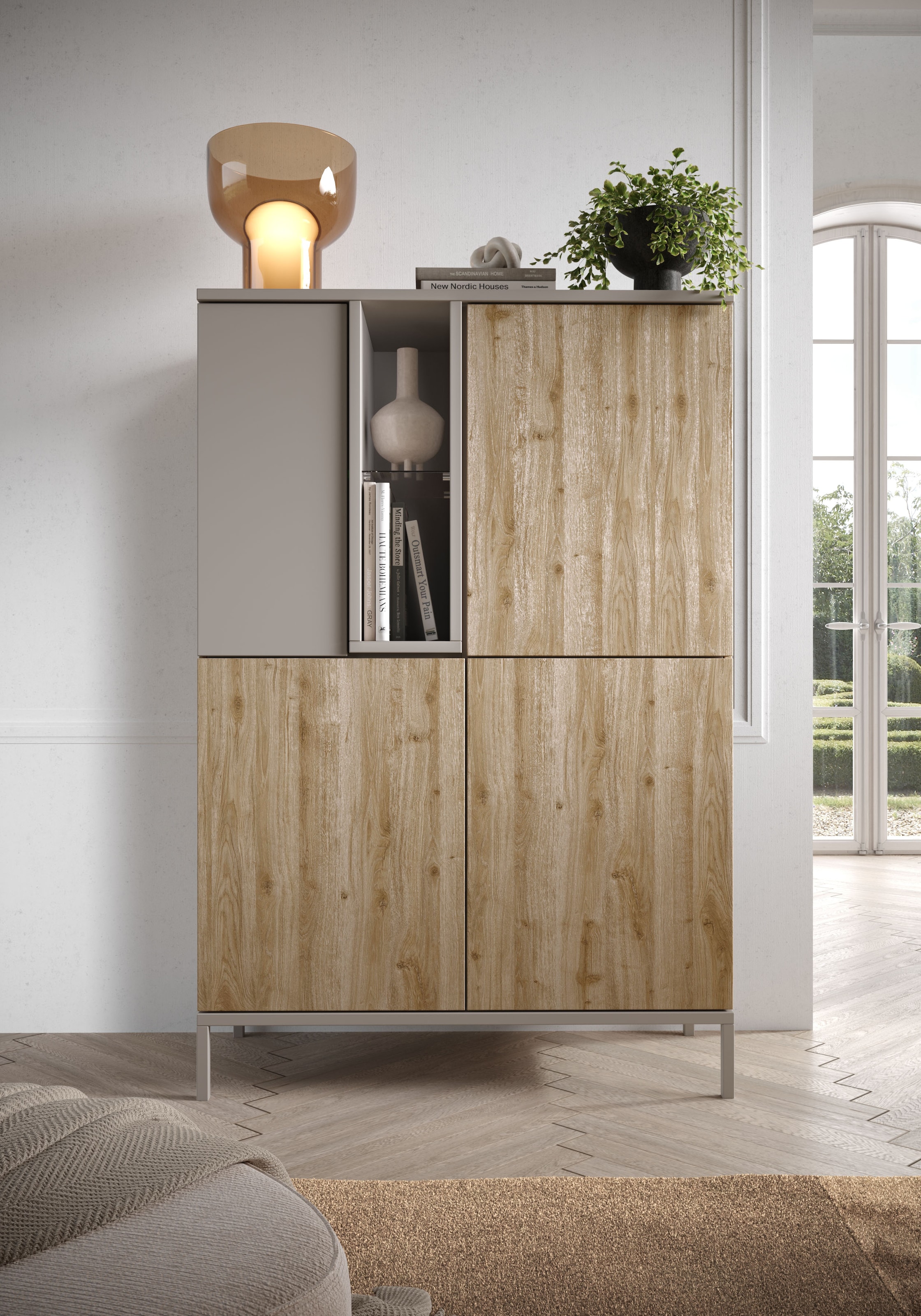 INOSIGN Highboard "Gent Höhe 150 cm, Kommode mit 4 Türen u. 2 offenen Fächern", Sideboard, Schrank, Push-to-open Funktio