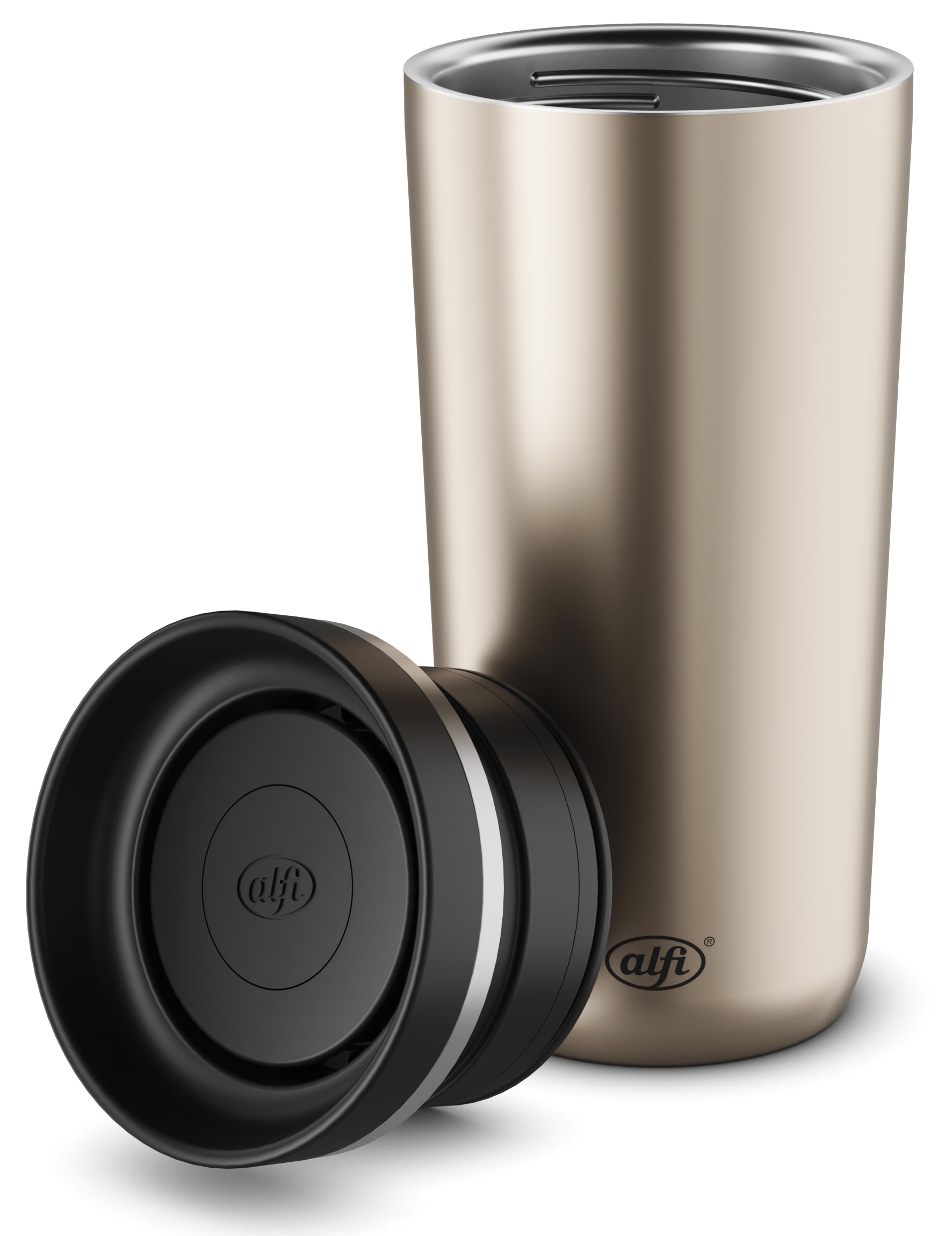 Alfi Thermobecher »ISO COFFEE MUG PRO, absolut dicht, spülmaschinenfest«, (1 tlg.), 0,38l, 6h heiß & 12h kalt, mit Druckknopf & Teebeutel-Aufhänger
