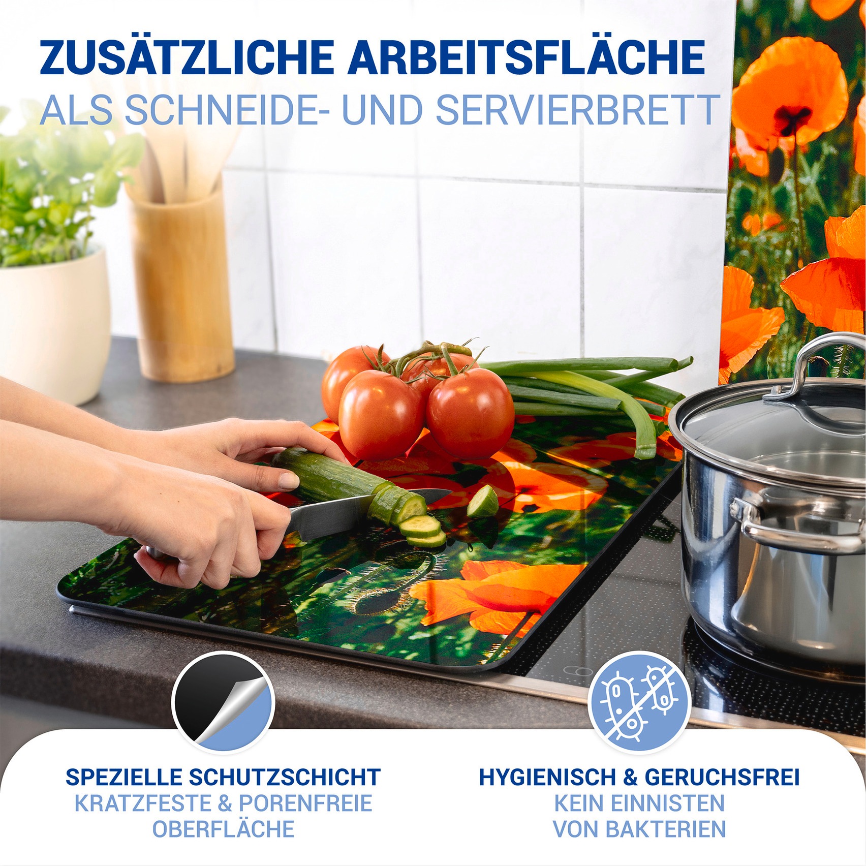 WENKO Herd-Abdeckplatte »Universal Modell Mohnfeld«, (Set, 2 tlg.), Herdabdeckung für alle Herdarten, kratzfest, mit rutschfesten Füßen