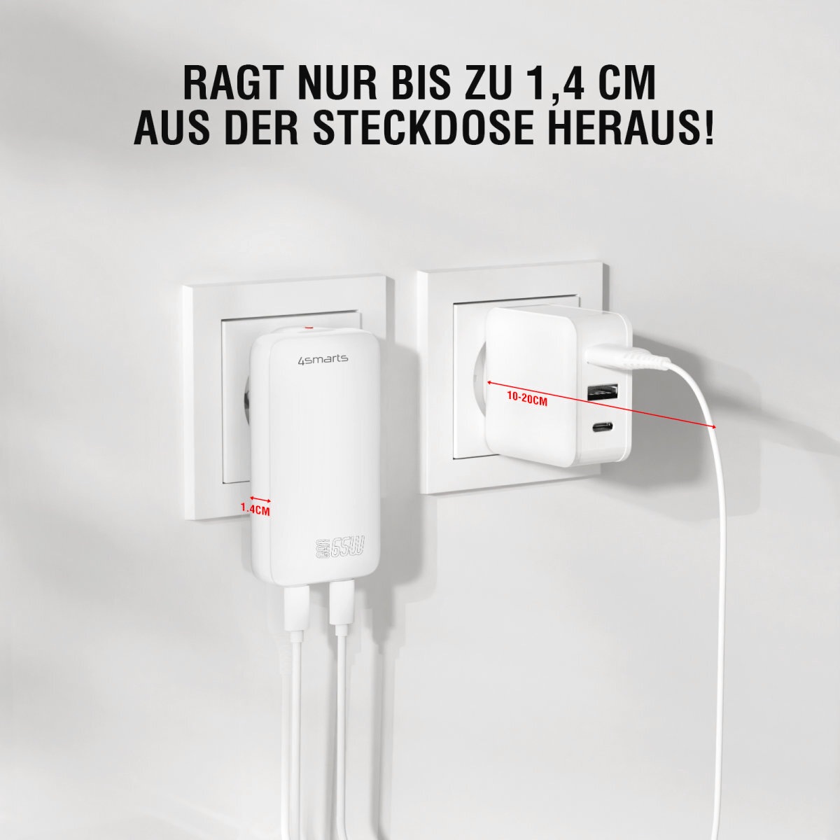 4smarts USB-Ladegerät »FlatPlug Slim Dual 65W GaN 2x USB-C«, extrem flaches Design