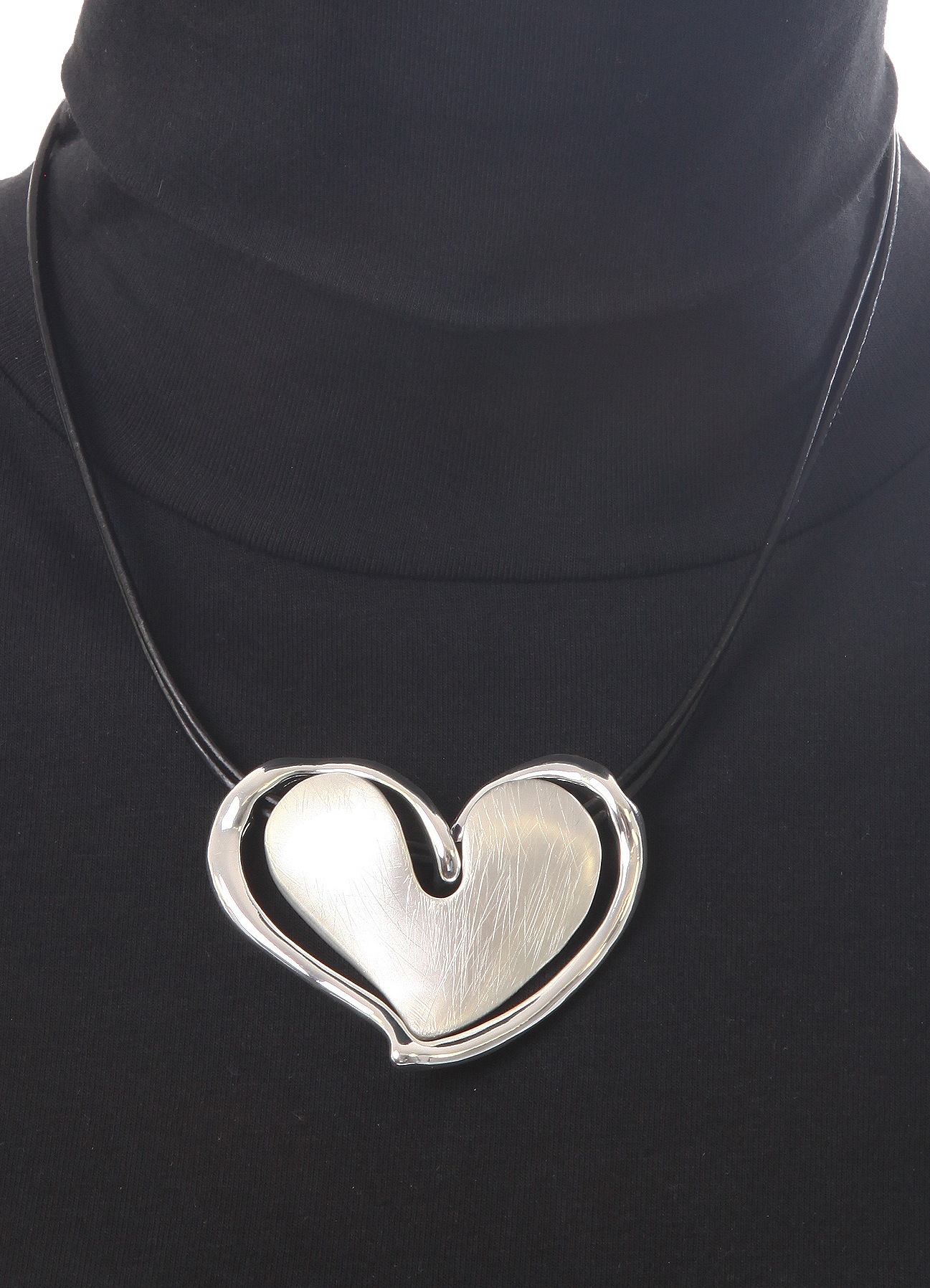 Kette mit Anhänger FIRETTI "Herz, doppelreihige Kette, matt, glänzend", schwarz (metallfarben, schwarz), Halsketten, Damen, Leder Metall, L: 53, Leder, Metall 2