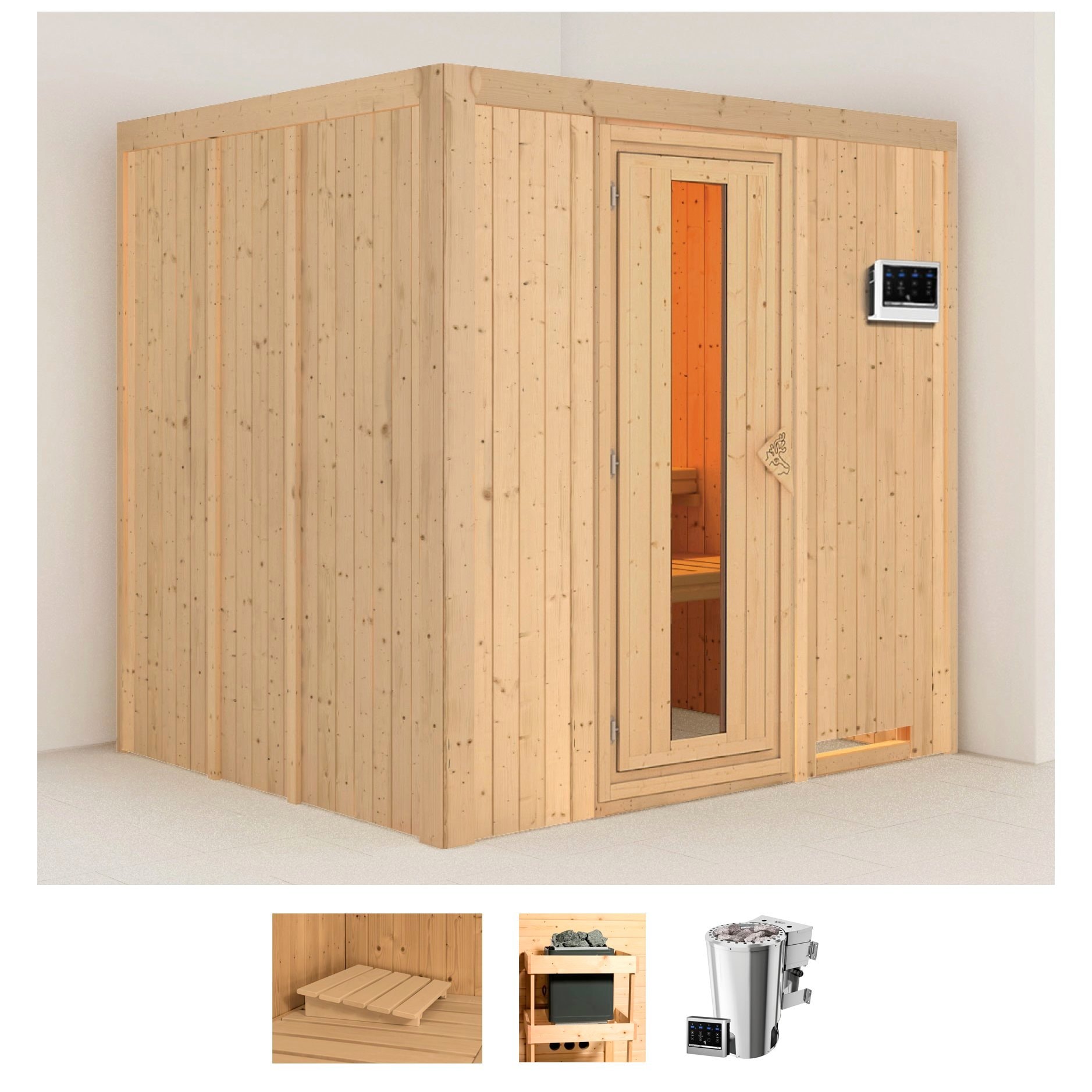 Karibu Sauna "Dima", 3,6-kW-Bio-Plug & Play Ofen mit externer Steuerung