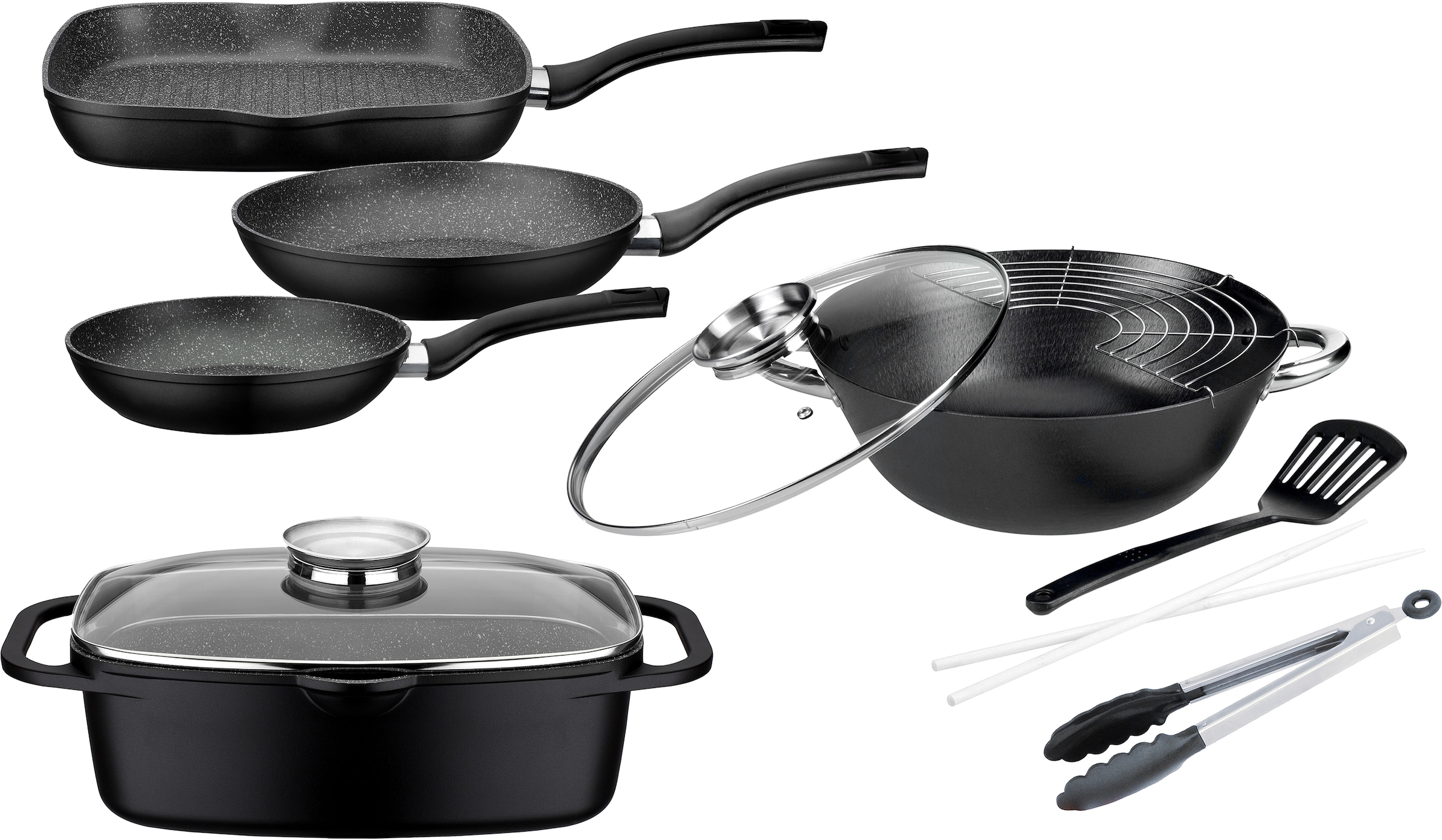 Kochzange, 1 BAUR 1 Pfannenwender), (Set, Aluminiumguss, kaufen tlg., GSW 1 1 | (3 7 Topf-Set Induktion Multi-Wok, »Gourmet Bräter, Pfannen, Granit«,