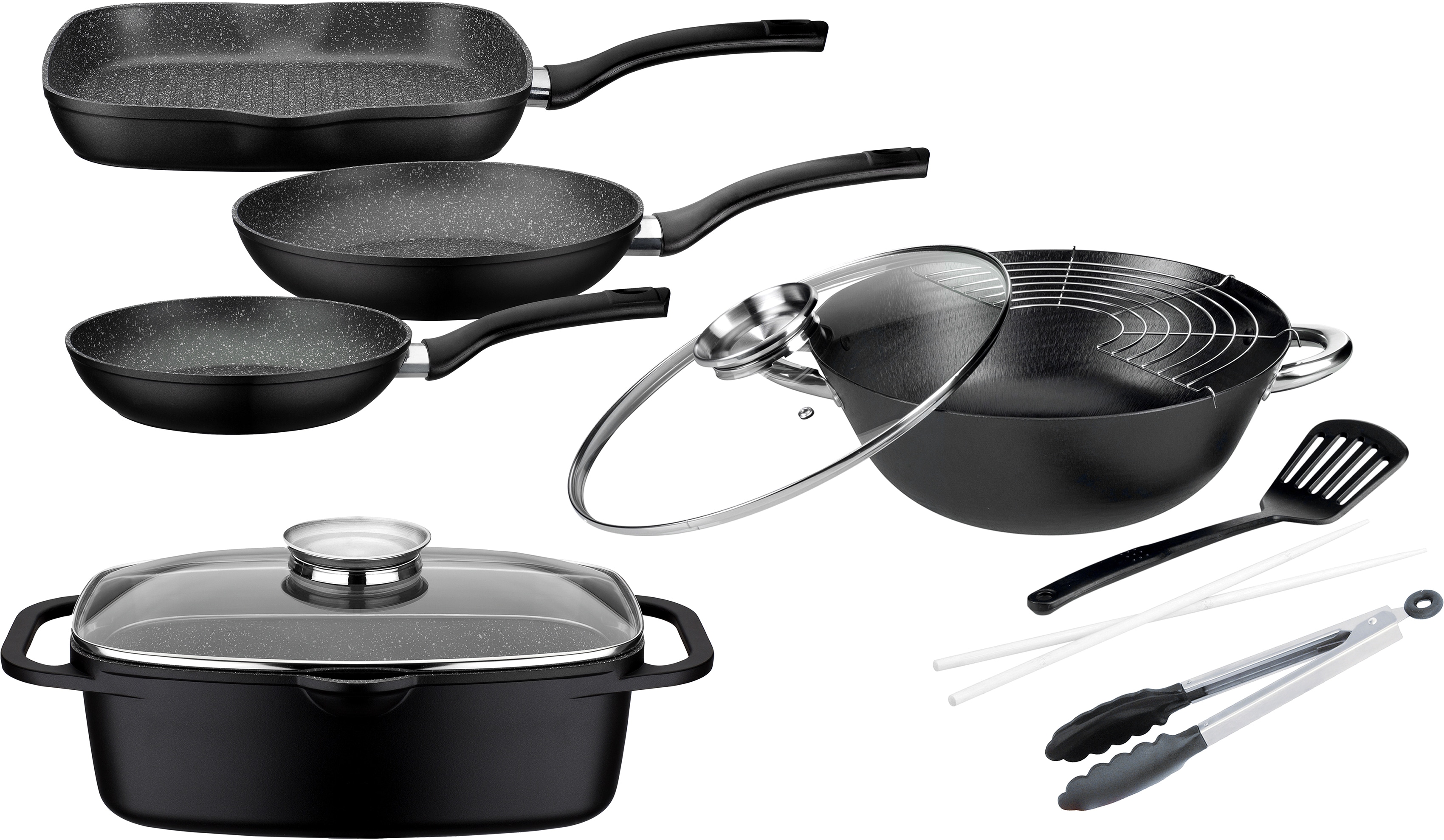 GSW "Gourmet Granit" Set, 3 Pfannen, 1 Bräter, 1 Multi-Wok, 1 Kochzange, 1 Pfannenwender, 7 Stk. tlg. Aluminiumguss