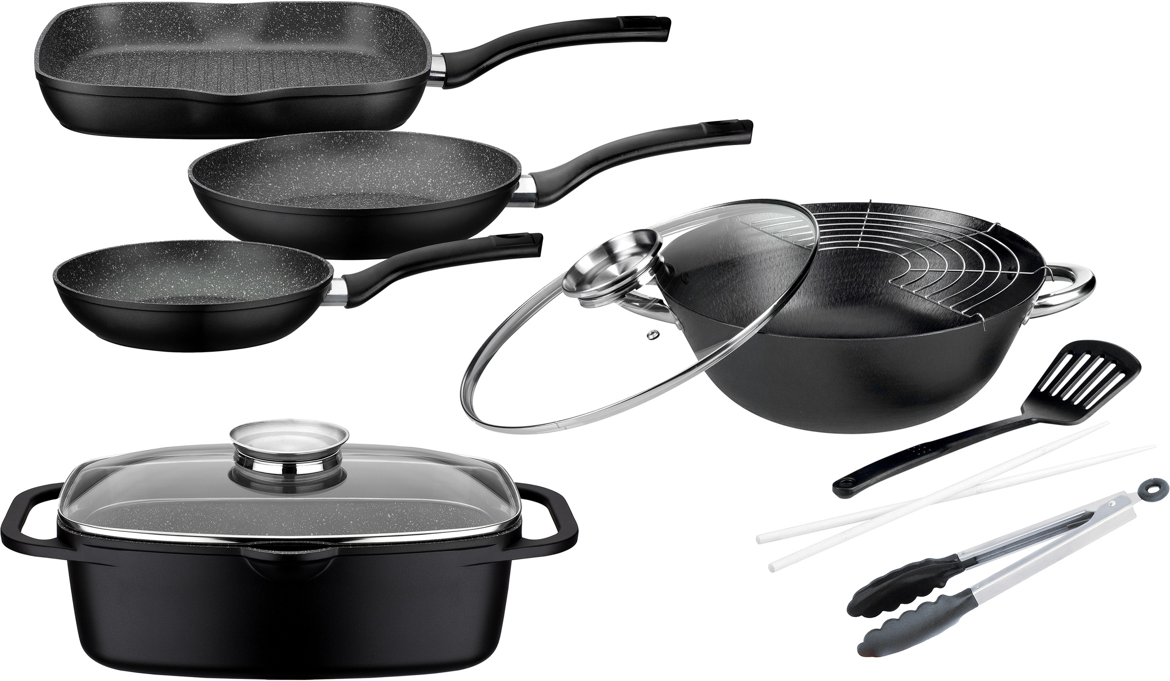 GSW Topf-Set "Gourmet Granit", Aluminiumguss, (Set, 7 tlg., 3 Pfannen, 1 Bräter, 1 Multi-Wok, 1 Kochzange, 1 Pfannenwend