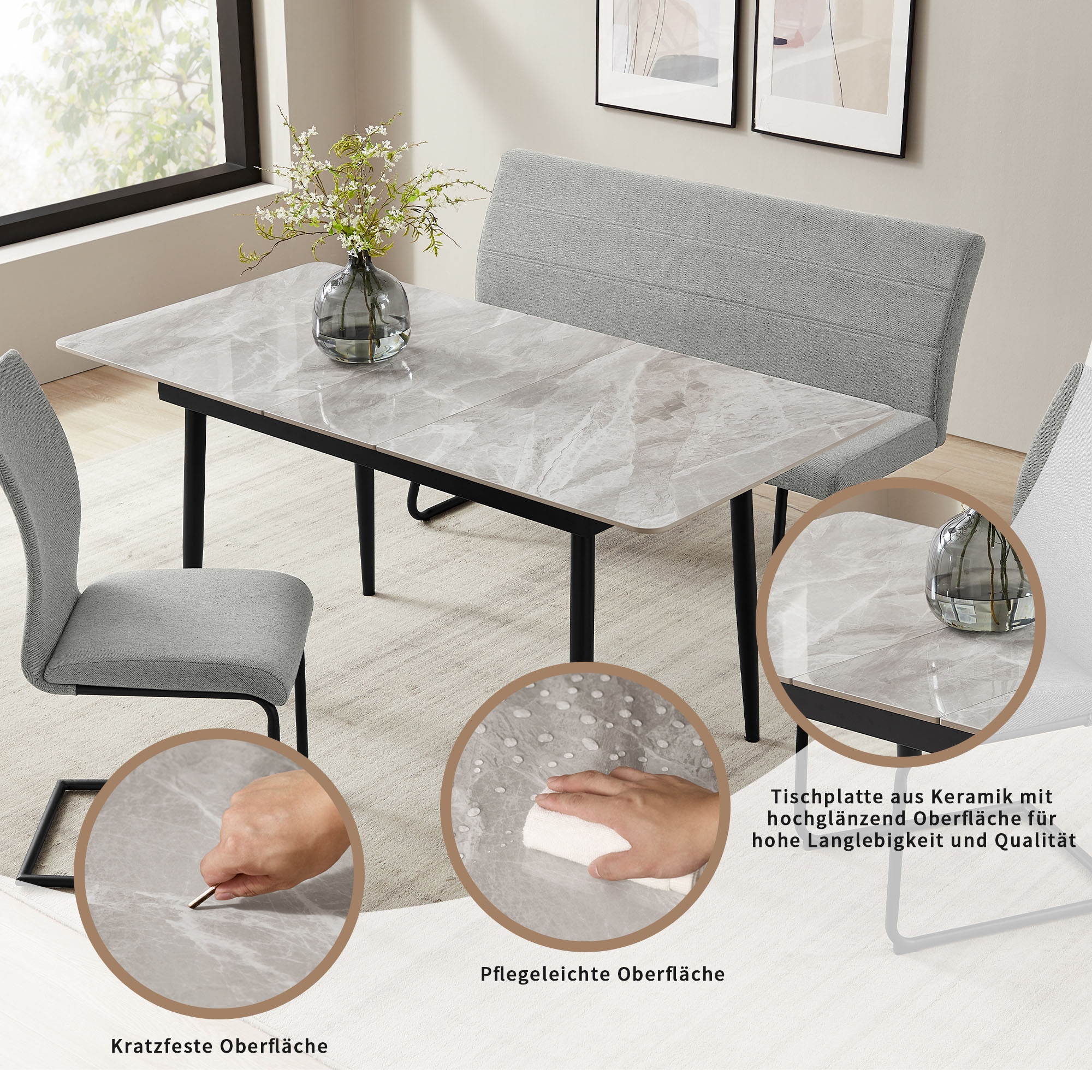 OTTO home Essgruppe »Stevian« Set, Ausziehbarer Esstisch + Bank + 2 Stühle, 4 Stk. tlg. Holz, Strukturstoffbezug, Freischwingerstühle, gesteppten Bänken