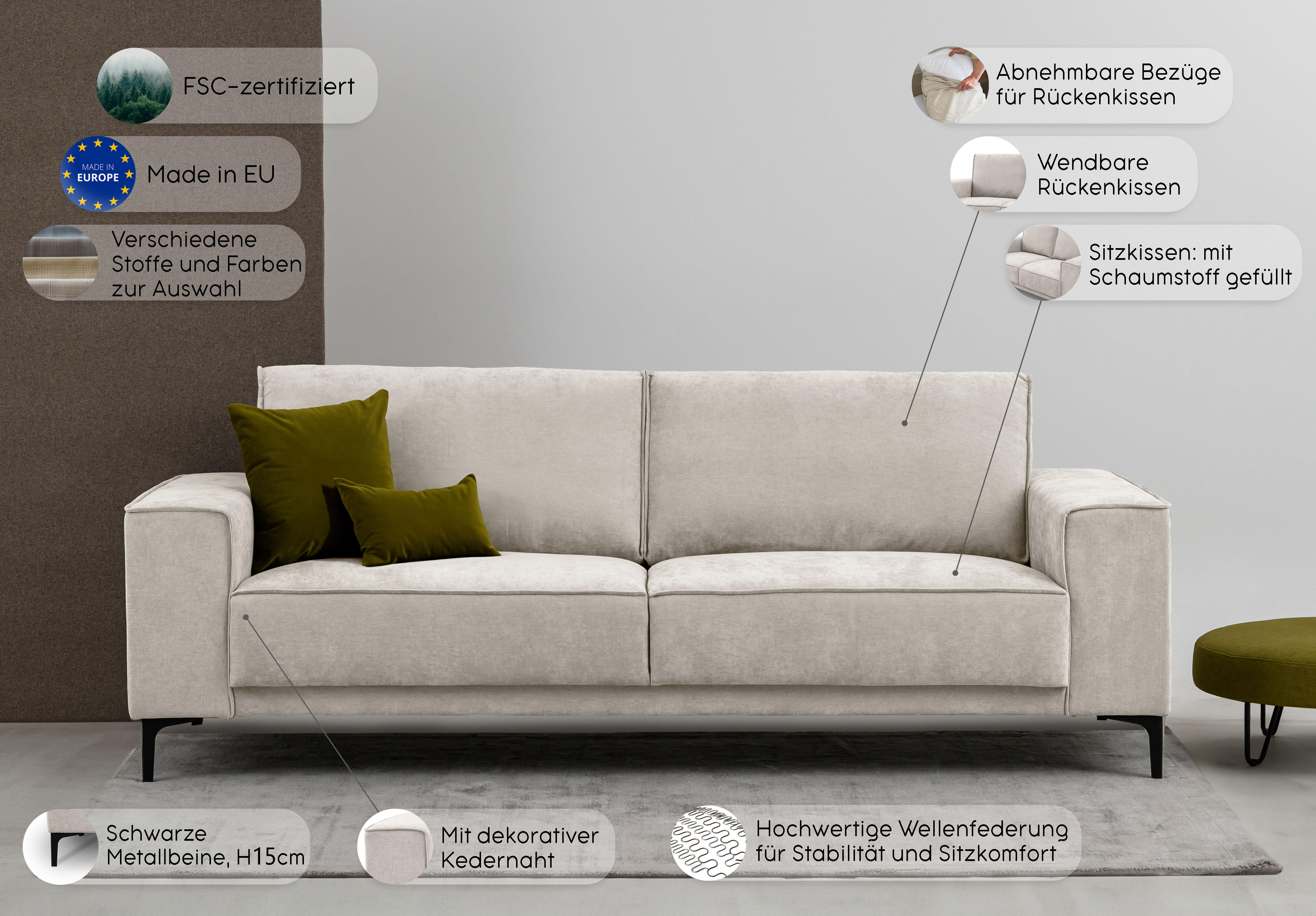 Thumbnail - Places of Style 3-Sitzer "3er Sofa Oland, Struktur, Flachgewebe, Luxus-Microfaser, Boucle", 224 cm, Wellenunterfederung,...