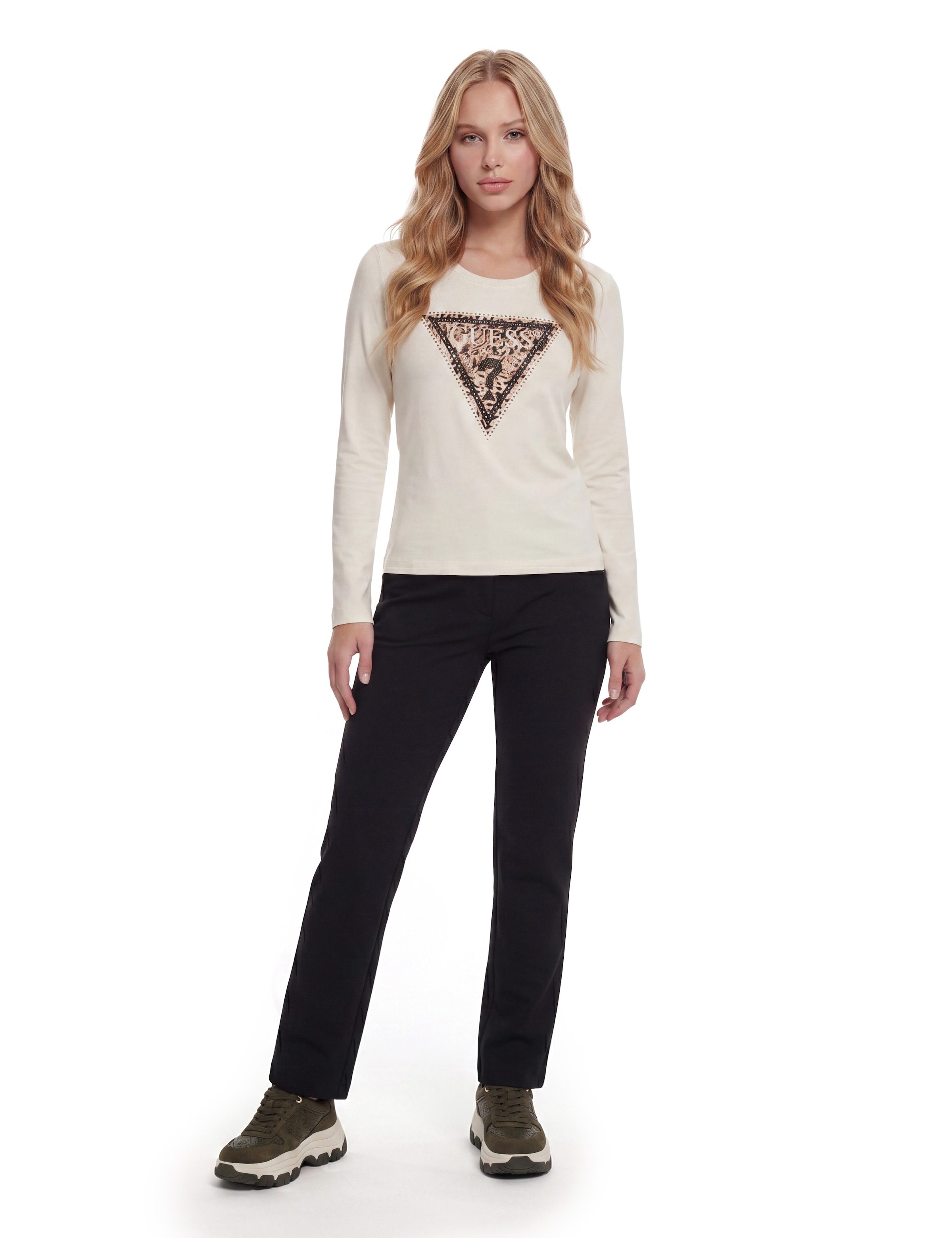 Guess Langarmshirt »LS CN SAVANNA LEOPARD TRIANGLE« mit markantem Logodesign, Slim Fit