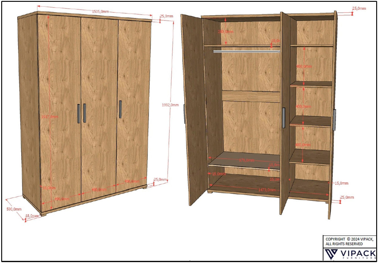 Vipack Kleiderschrank »SAM mit 3 Drehtüren, 1 Kleiderstange, 7 Fächer, universell einsetzbar« (B/H/T ca. 150,5x199,2x59 cm) Türen mit Soft-Close,  Pflegeleichte Oberfläche in Eiche Dekor