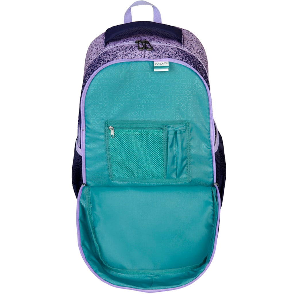 neoxx Schulrucksack »Fly, Glitterally perfect«, Reflektionsnaht, aus recycelten PET-Flaschen