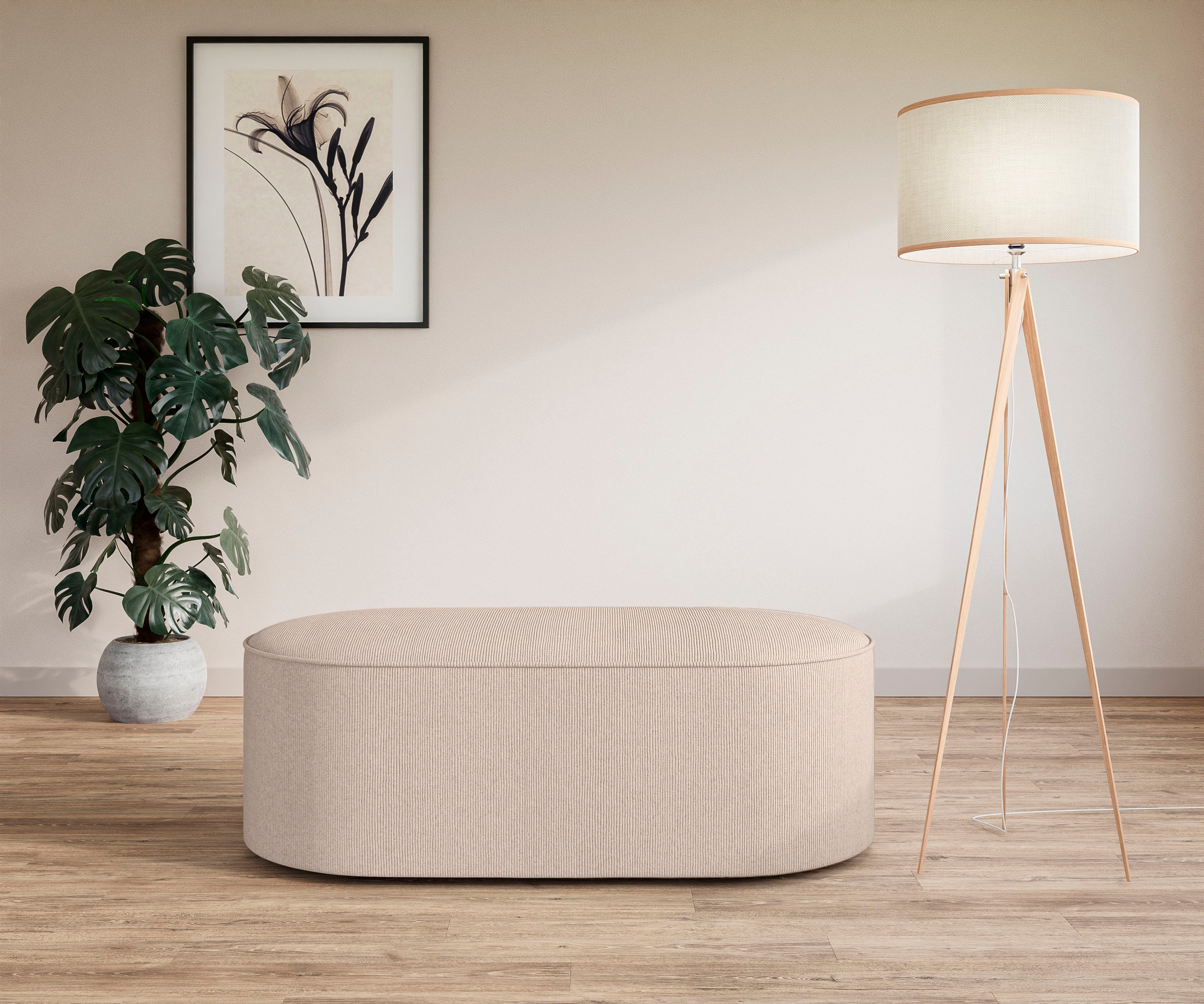 OTTO home Polsterhocker "EIVIND Sitzhocker, Maße: B/T/H: 142/70/48 cm" auch in Bouclé und Feincord, mit Wellenunterfederung